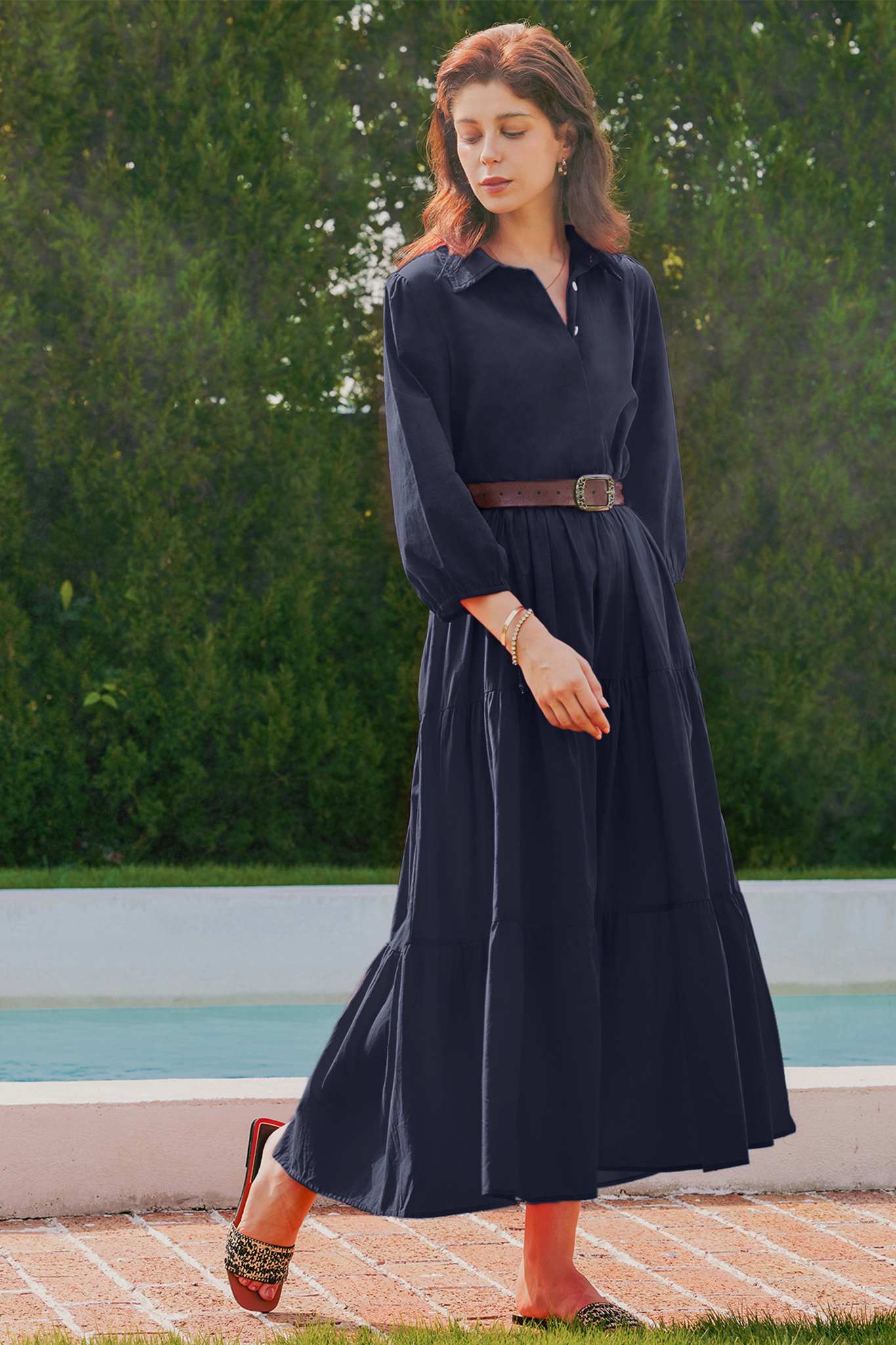 Yexpine Casual V Neck Flowy Maxi Dresses