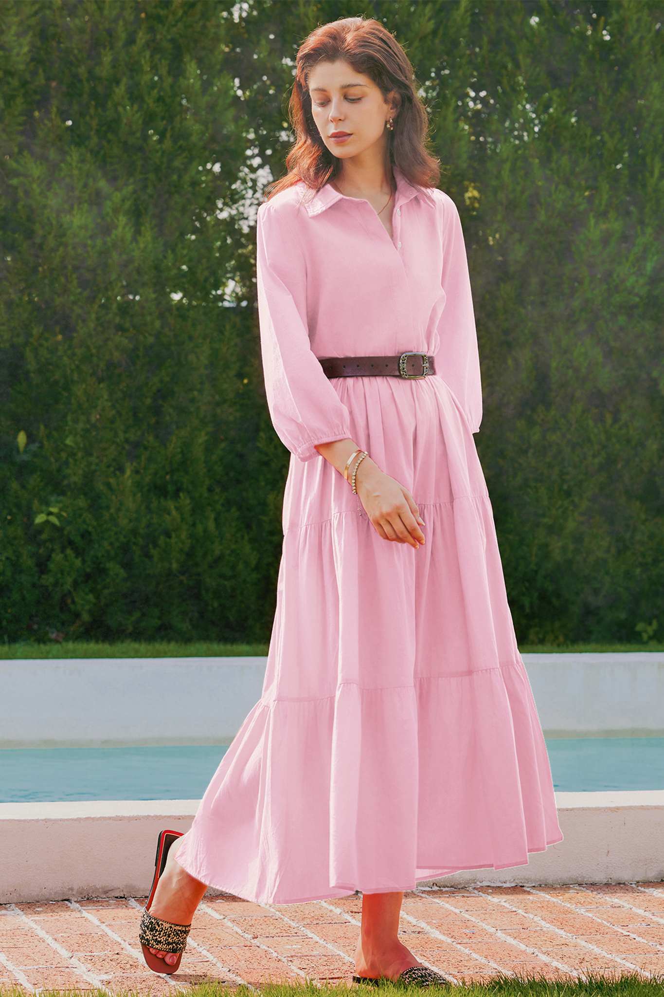 Yexpine Casual V Neck Flowy Maxi Dresses