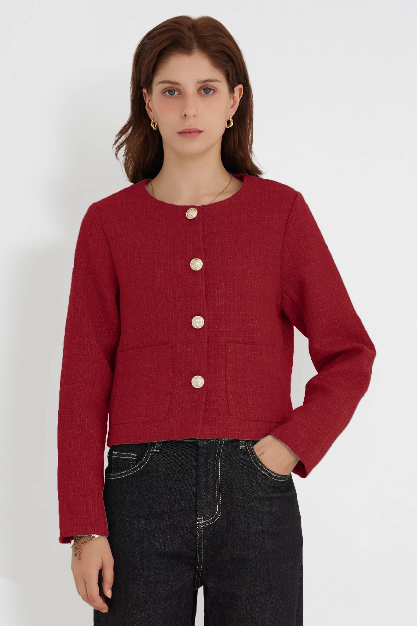 Lifeshe Crew Neck Vintage Tweed Jacket