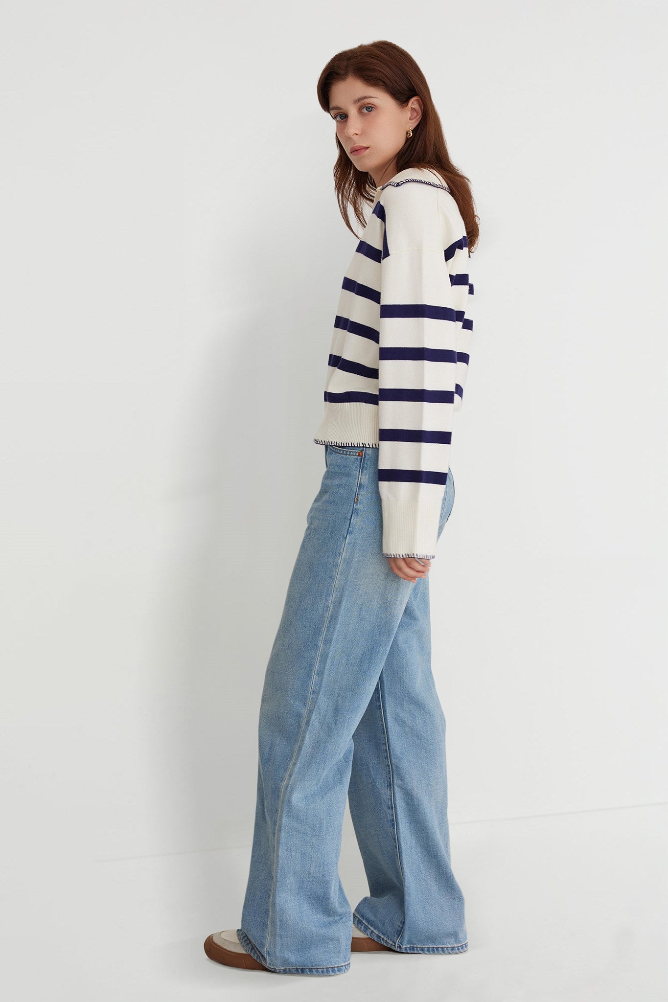 Kedera V Neck Casual Striped Pullover Sweater