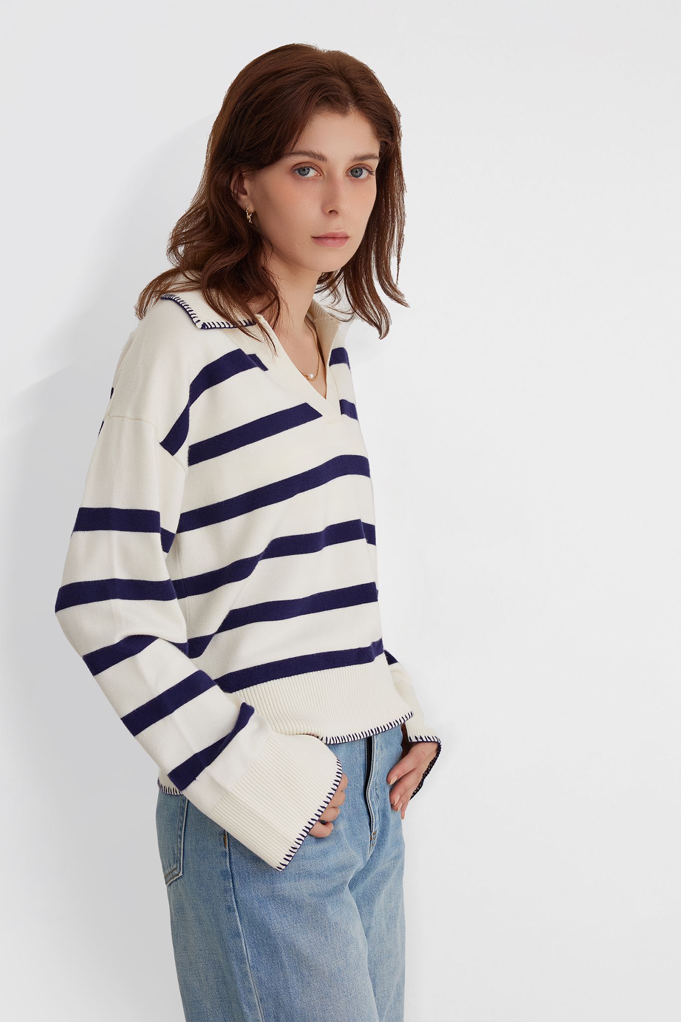 Kedera V Neck Casual Striped Pullover Sweater