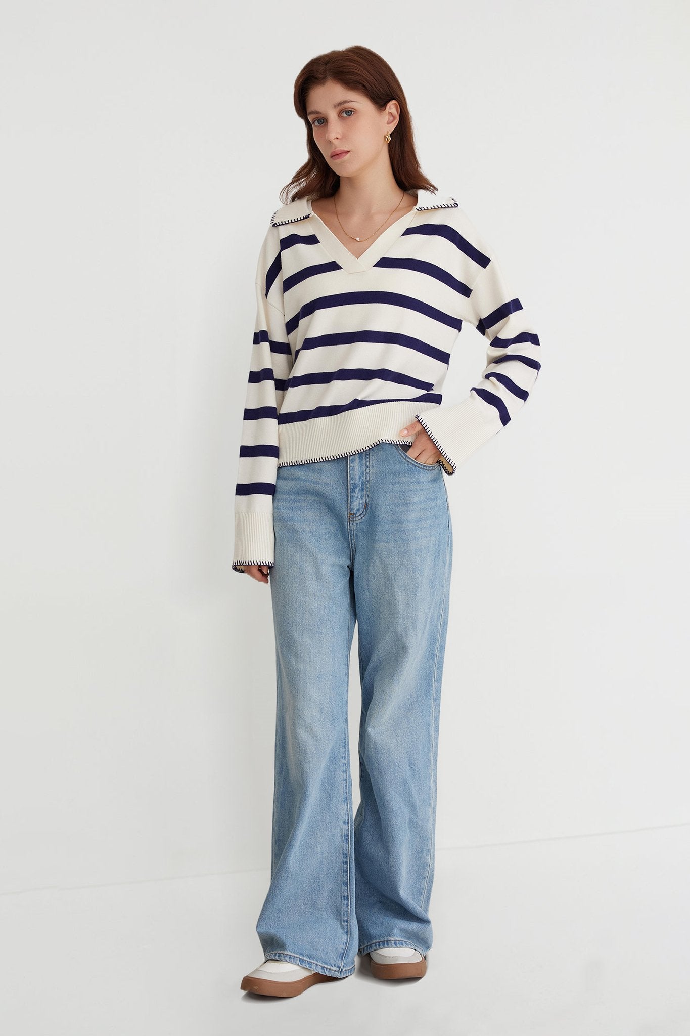 Kedera V Neck Casual Striped Pullover Sweater