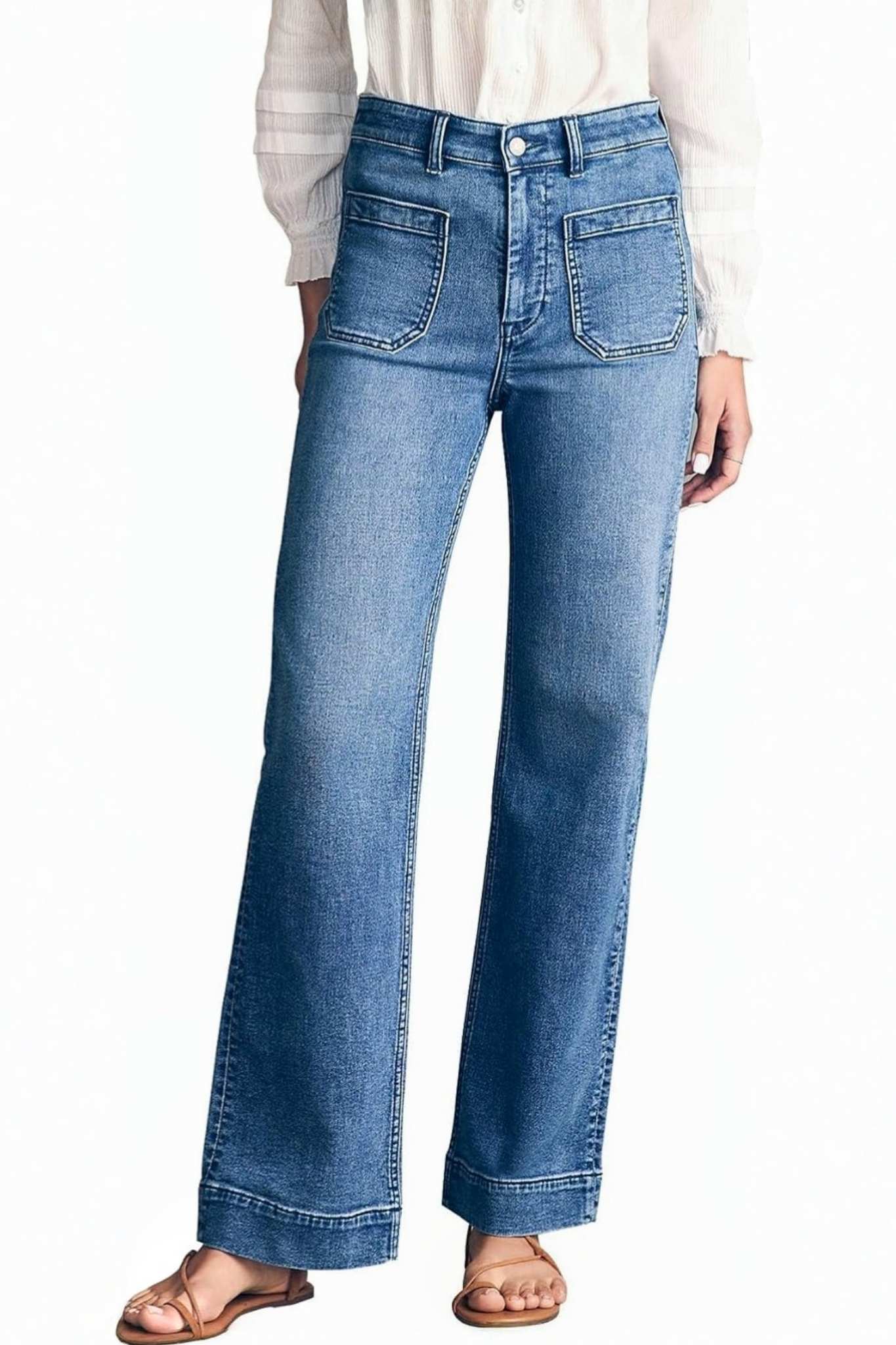 Yexpine Casual High Rise Straight Jeans With Patch Pockets