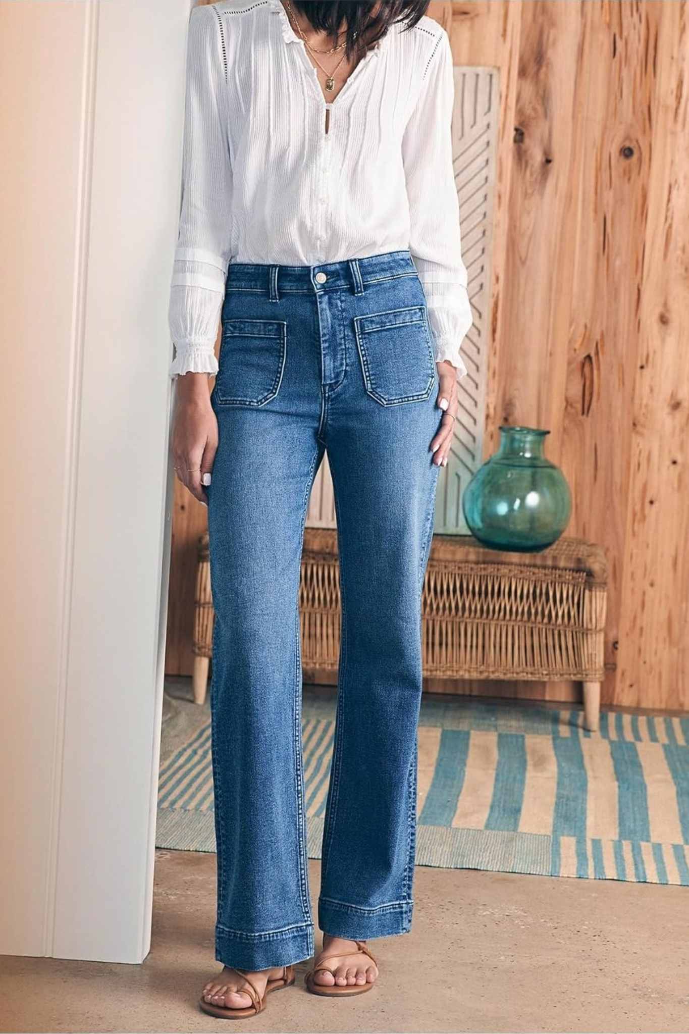 Yexpine Casual High Rise Straight Jeans With Patch Pockets