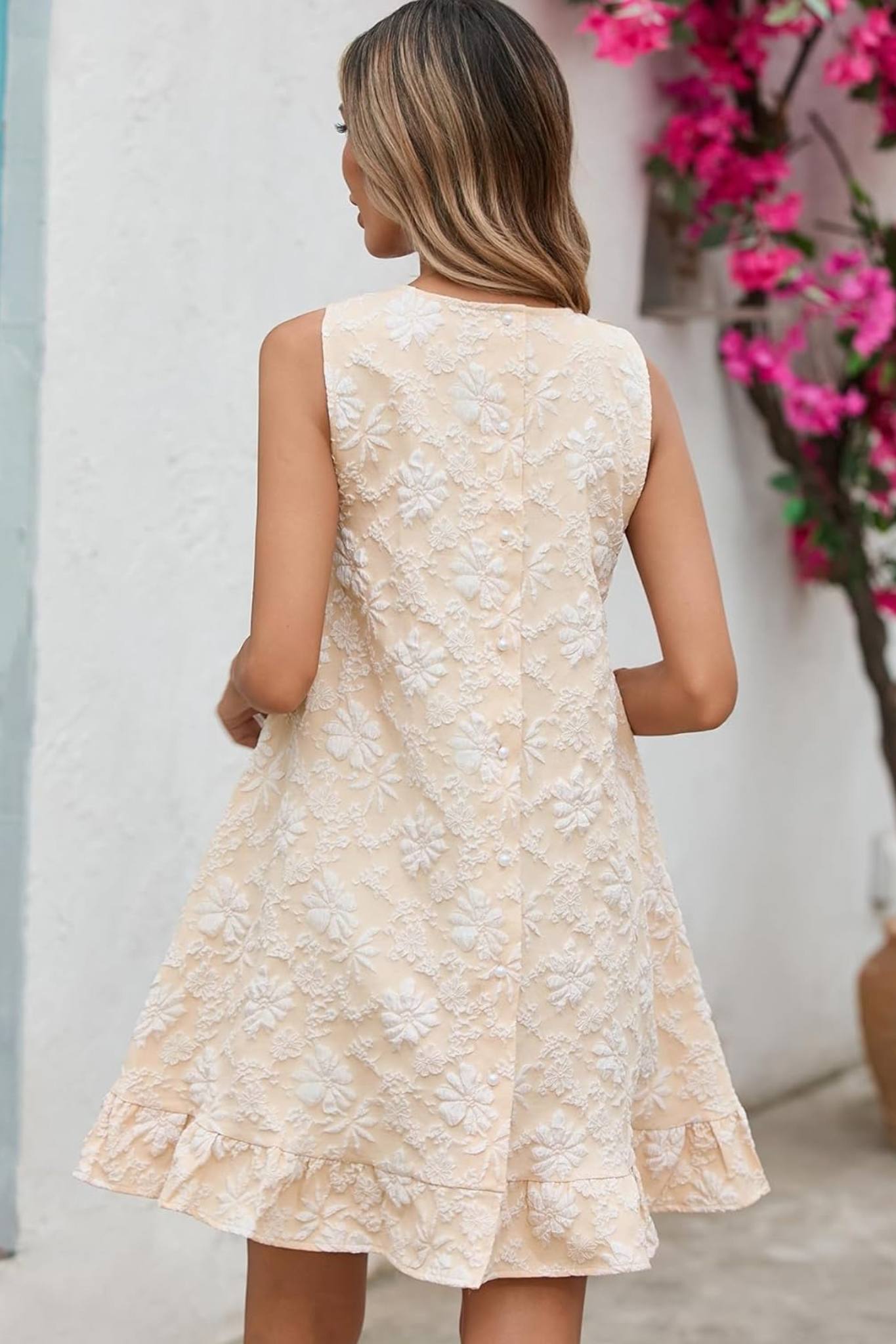 Yexpine Sleeveless Bow Lattice Jacquard A-Line Mini Dress With Ruffle Hem And Pockets