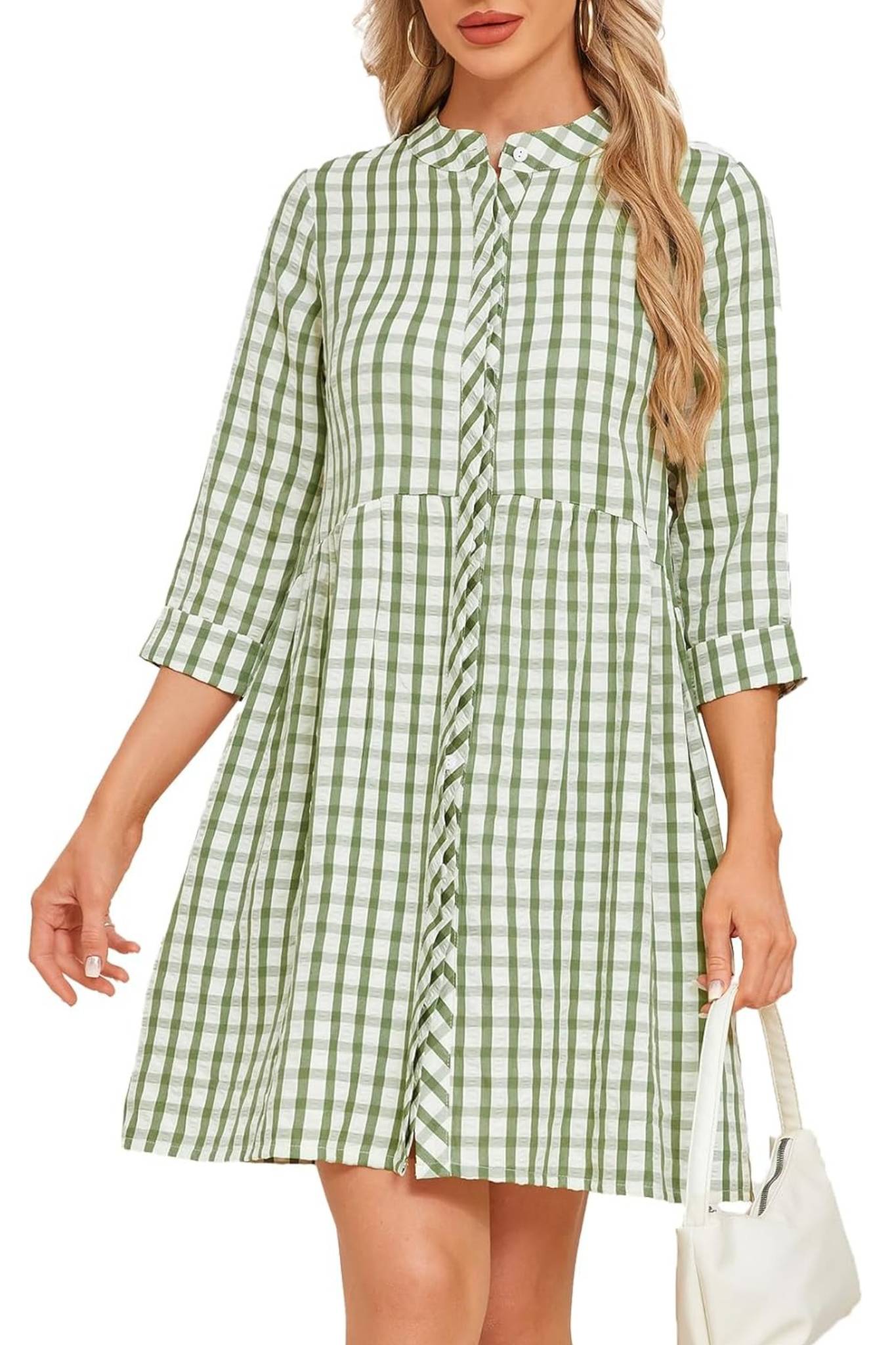 Ladyful Casual Plaid Button Down Tunic Dress With Pockets | 3/4 Sleeve Babydoll Mini Dress