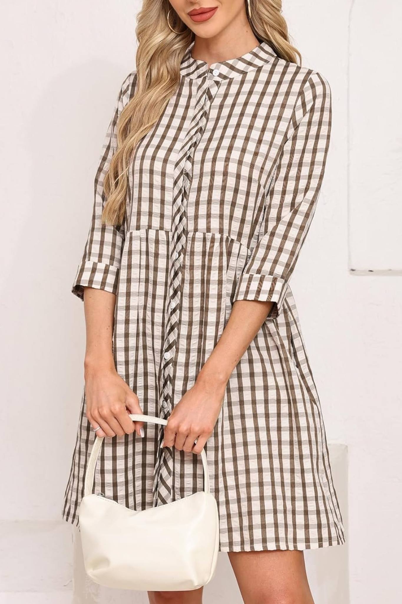 Ladyful Casual Plaid Button Down Tunic Dress With Pockets | 3/4 Sleeve Babydoll Mini Dress