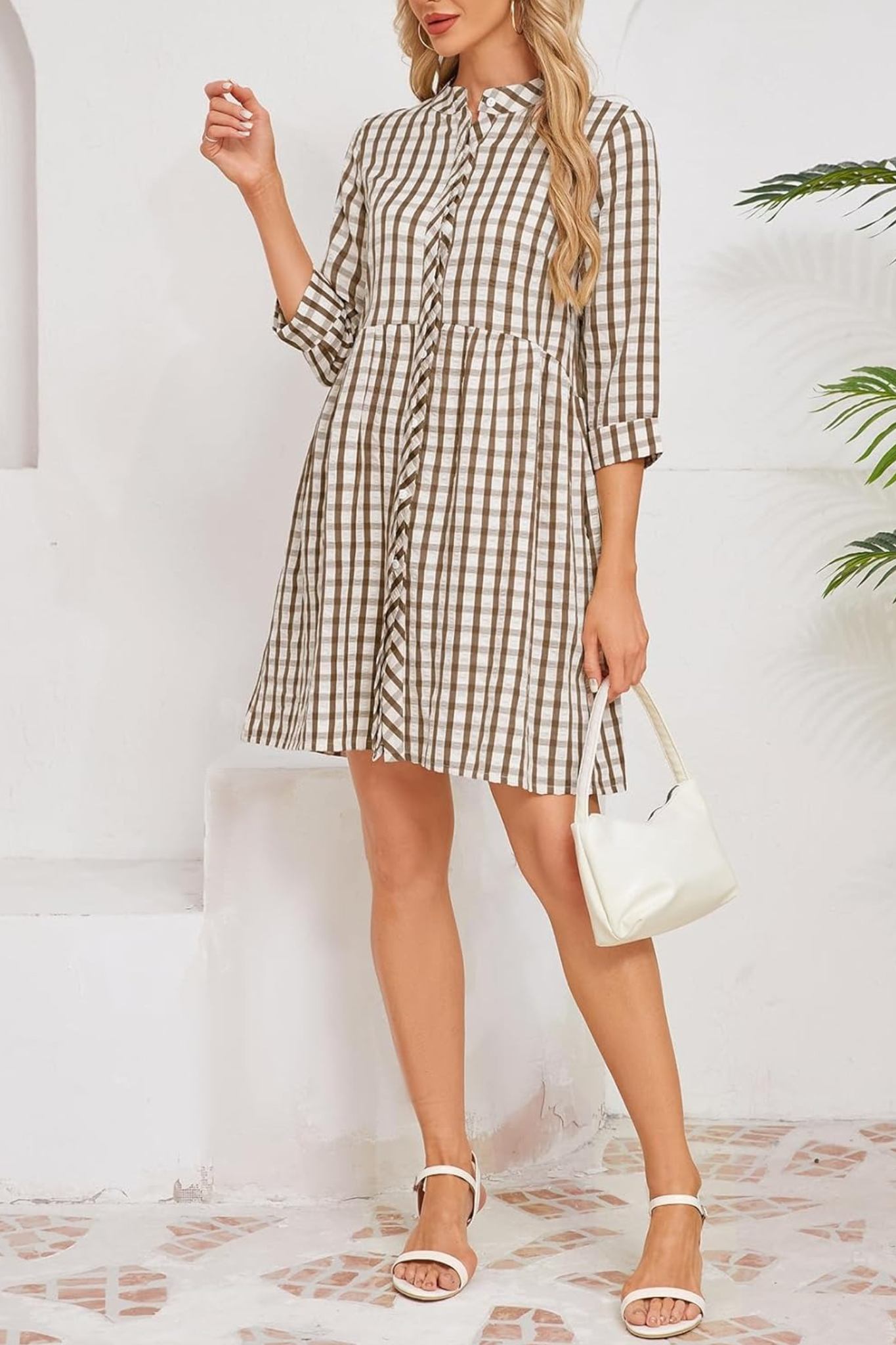 Ladyful Casual Plaid Button Down Tunic Dress With Pockets | 3/4 Sleeve Babydoll Mini Dress