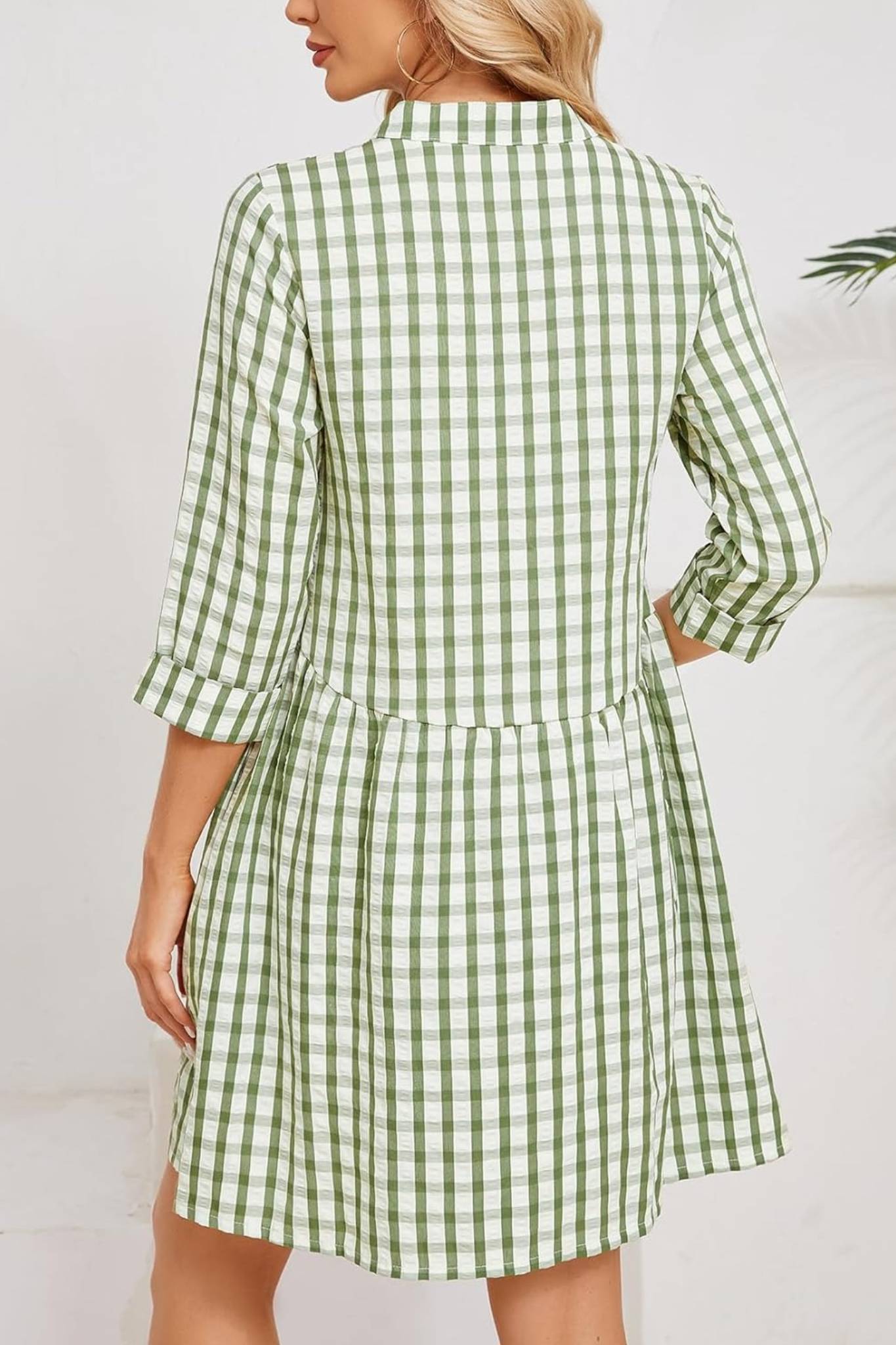 Ladyful Casual Plaid Button Down Tunic Dress With Pockets | 3/4 Sleeve Babydoll Mini Dress