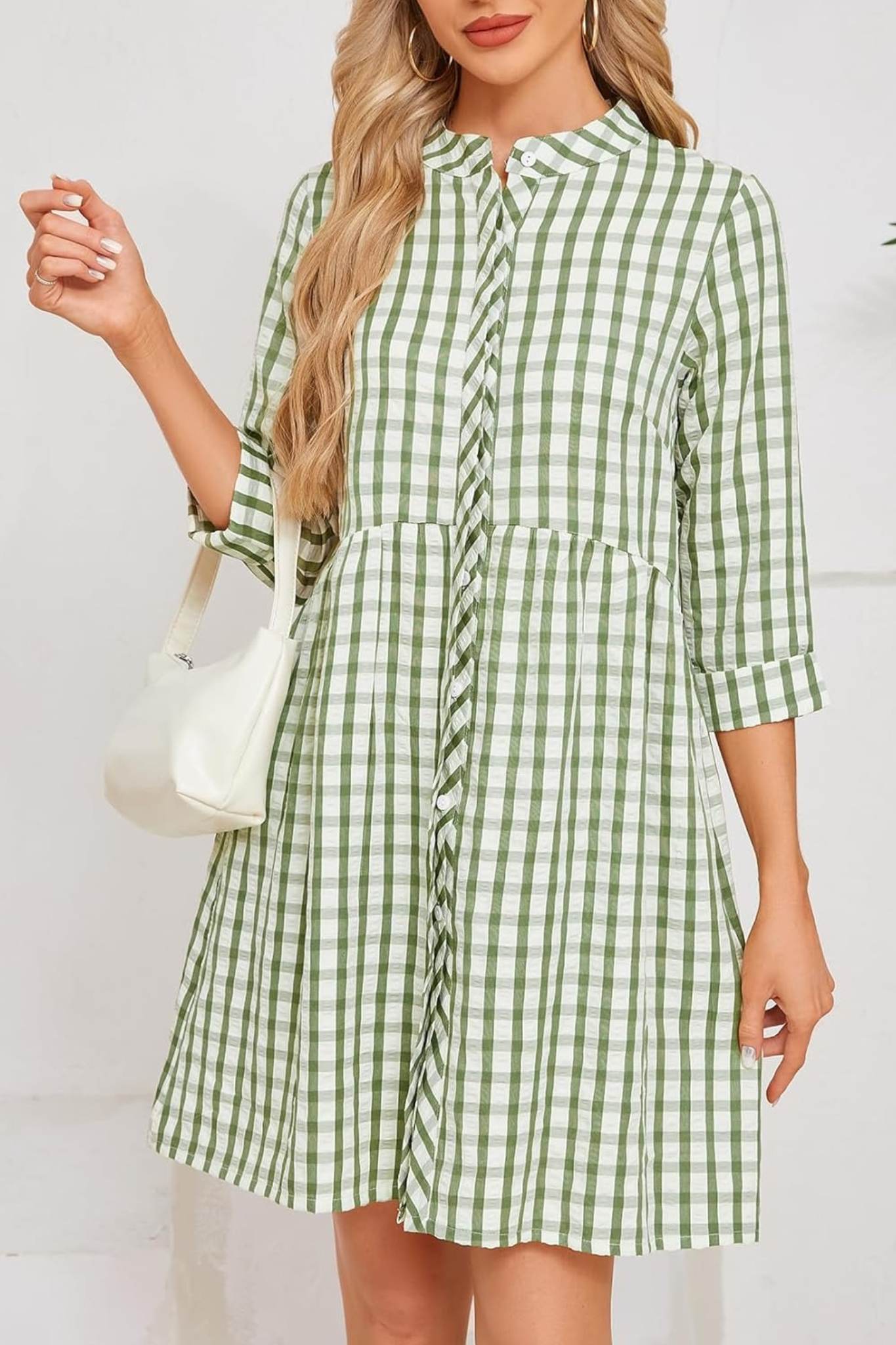 Ladyful Casual Plaid Button Down Tunic Dress With Pockets | 3/4 Sleeve Babydoll Mini Dress