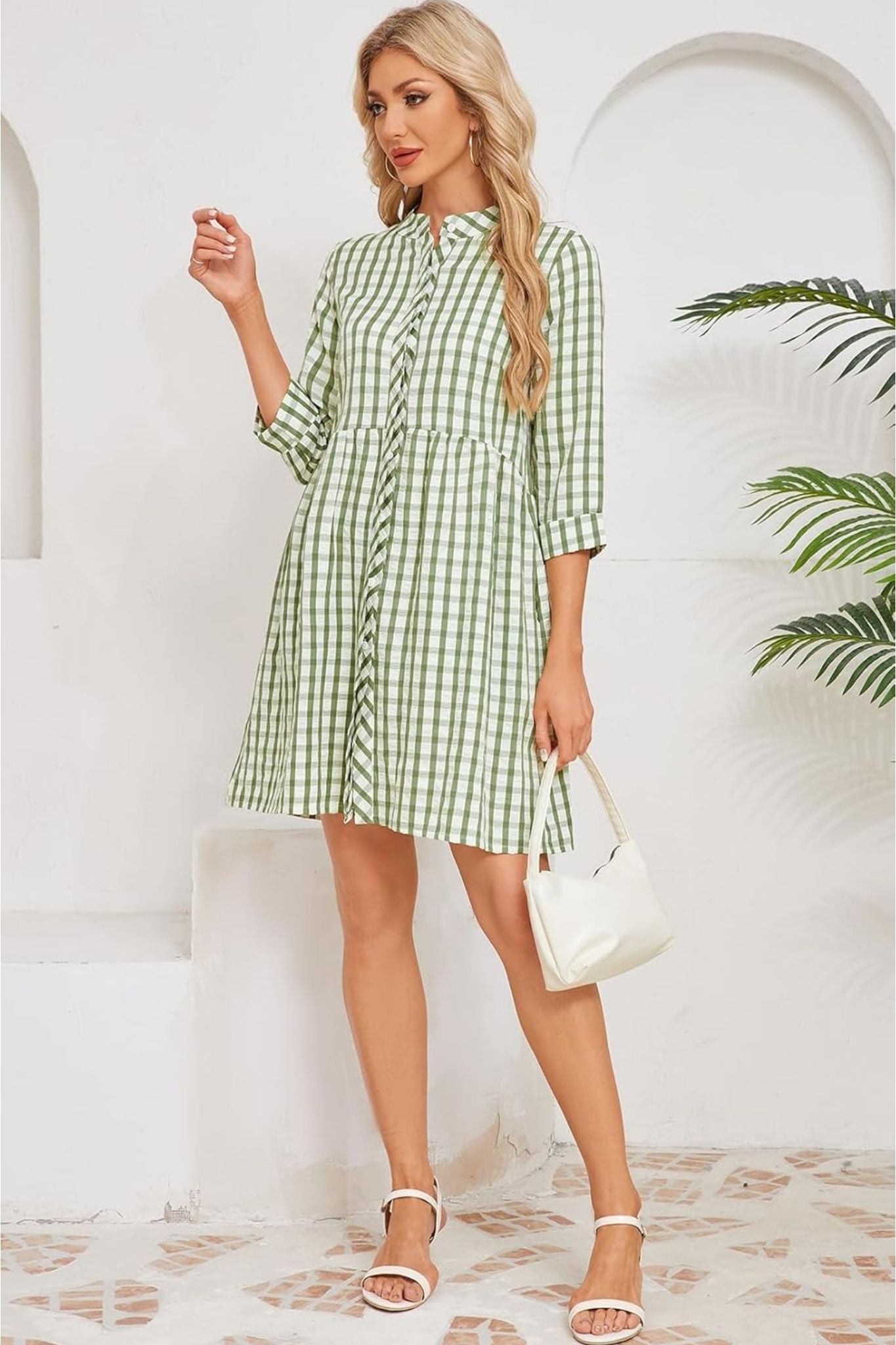 Ladyful Casual Plaid Button Down Tunic Dress With Pockets | 3/4 Sleeve Babydoll Mini Dress