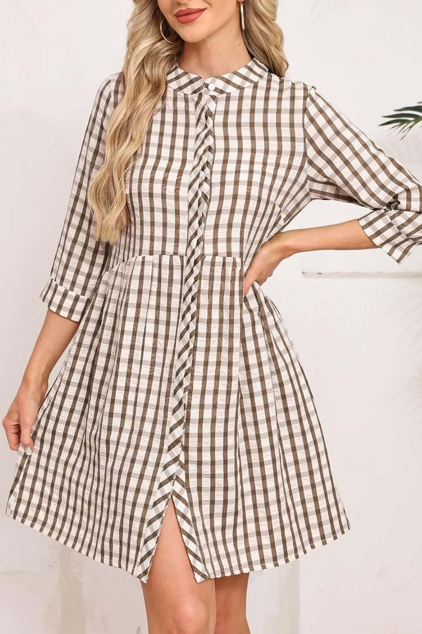 Ladyful Casual Plaid Button Down Tunic Dress With Pockets | 3/4 Sleeve Babydoll Mini Dress
