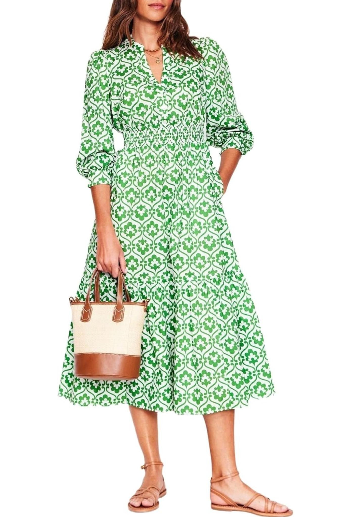 Yexpine Emerald Bloom 100% Cotton Smocked Waist Tiered Maxi Dress With Pockets
