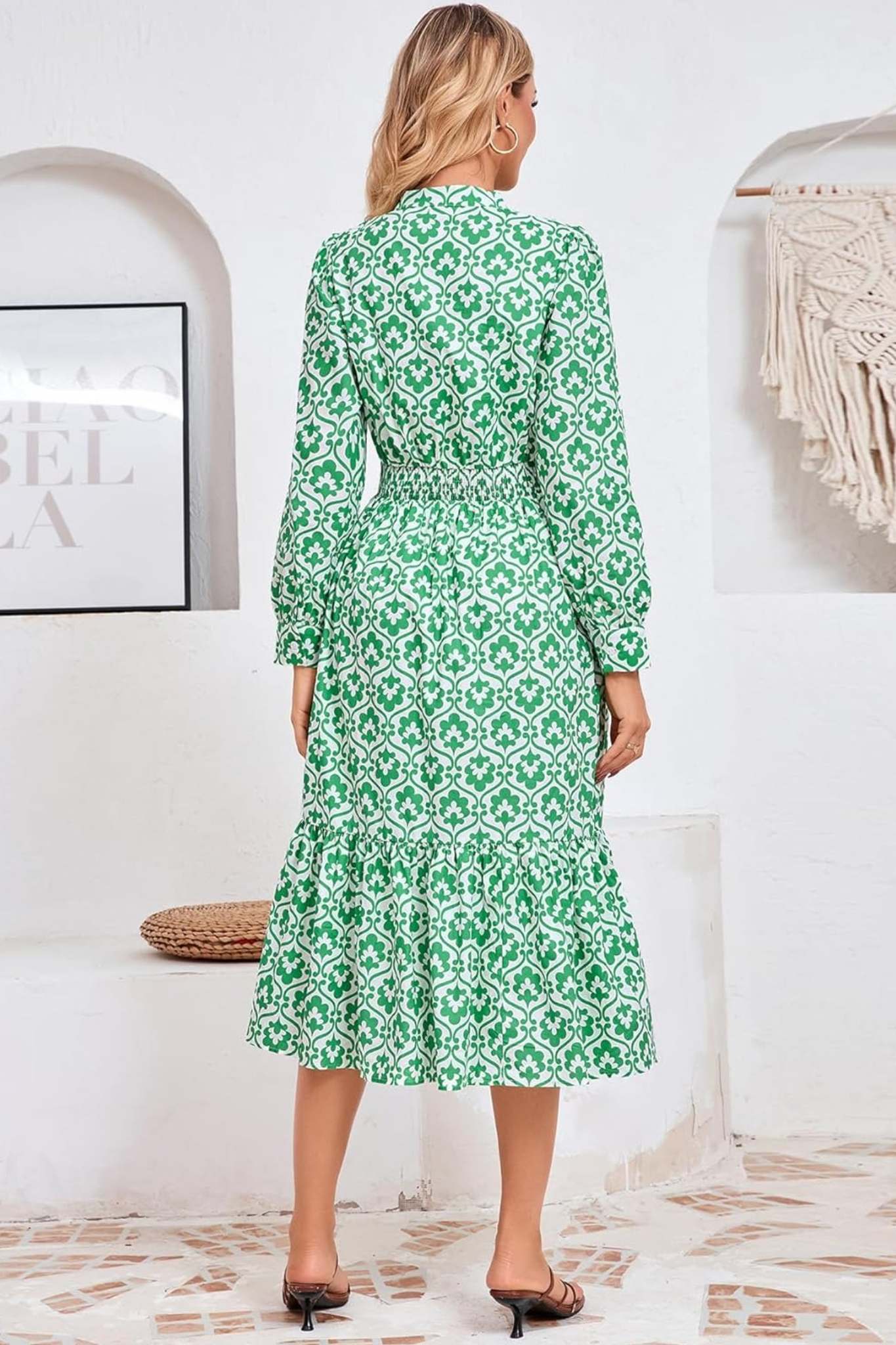 Yexpine Emerald Bloom 100% Cotton Smocked Waist Tiered Maxi Dress With Pockets