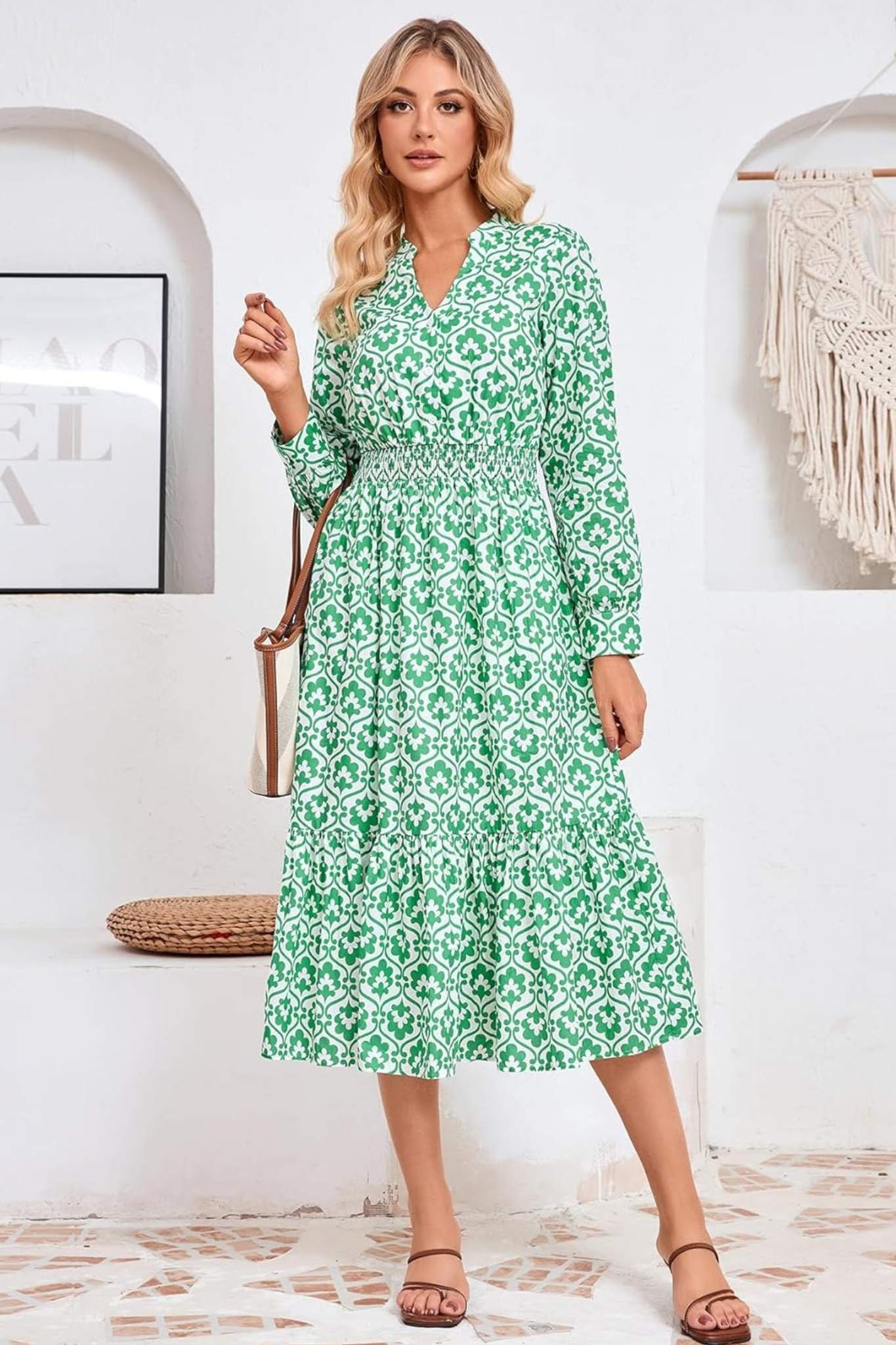 Yexpine Emerald Bloom 100% Cotton Smocked Waist Tiered Maxi Dress With Pockets