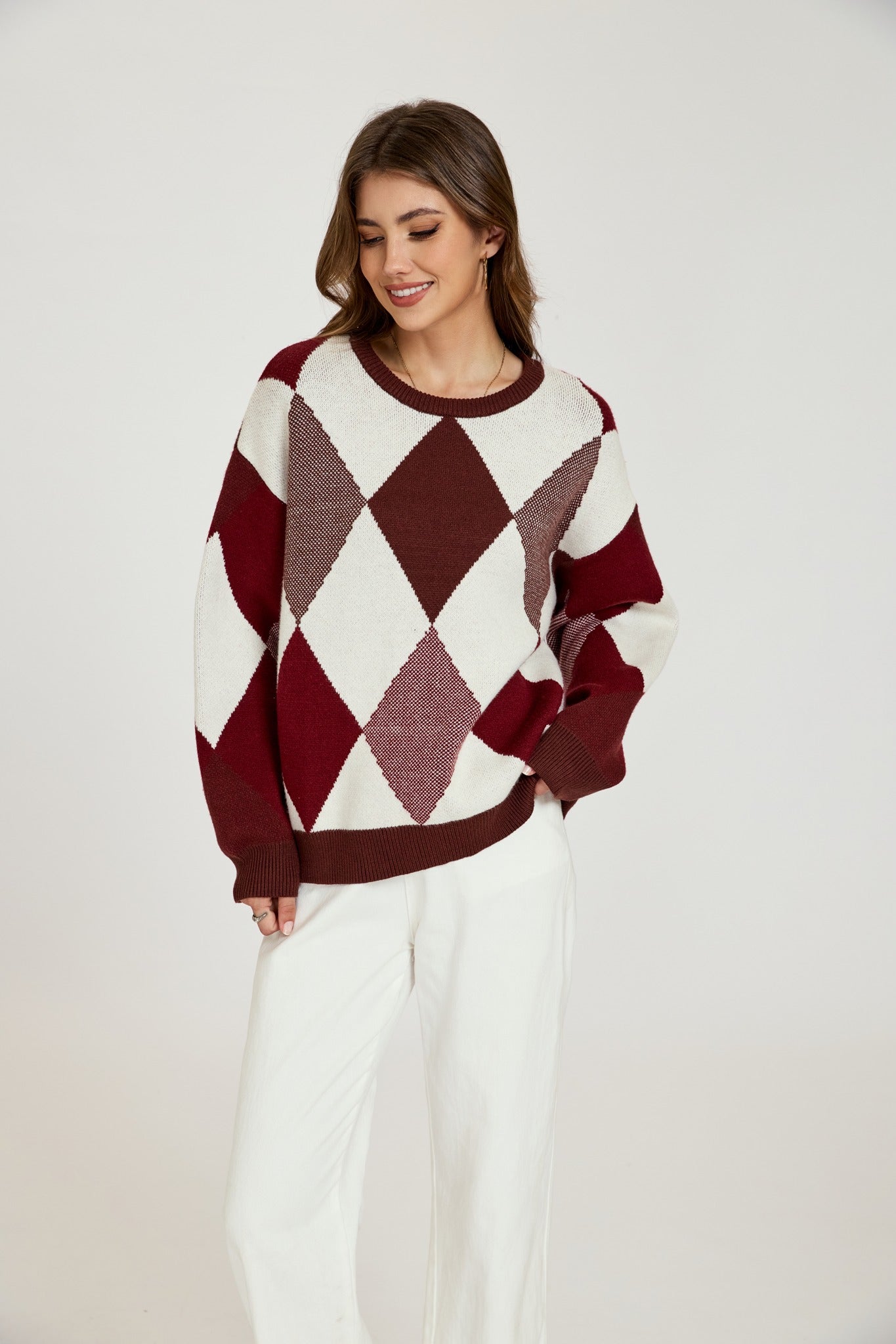 Ezabutus Vintage Argyle Knit Sweater – Casual Loose Pullover Jumper