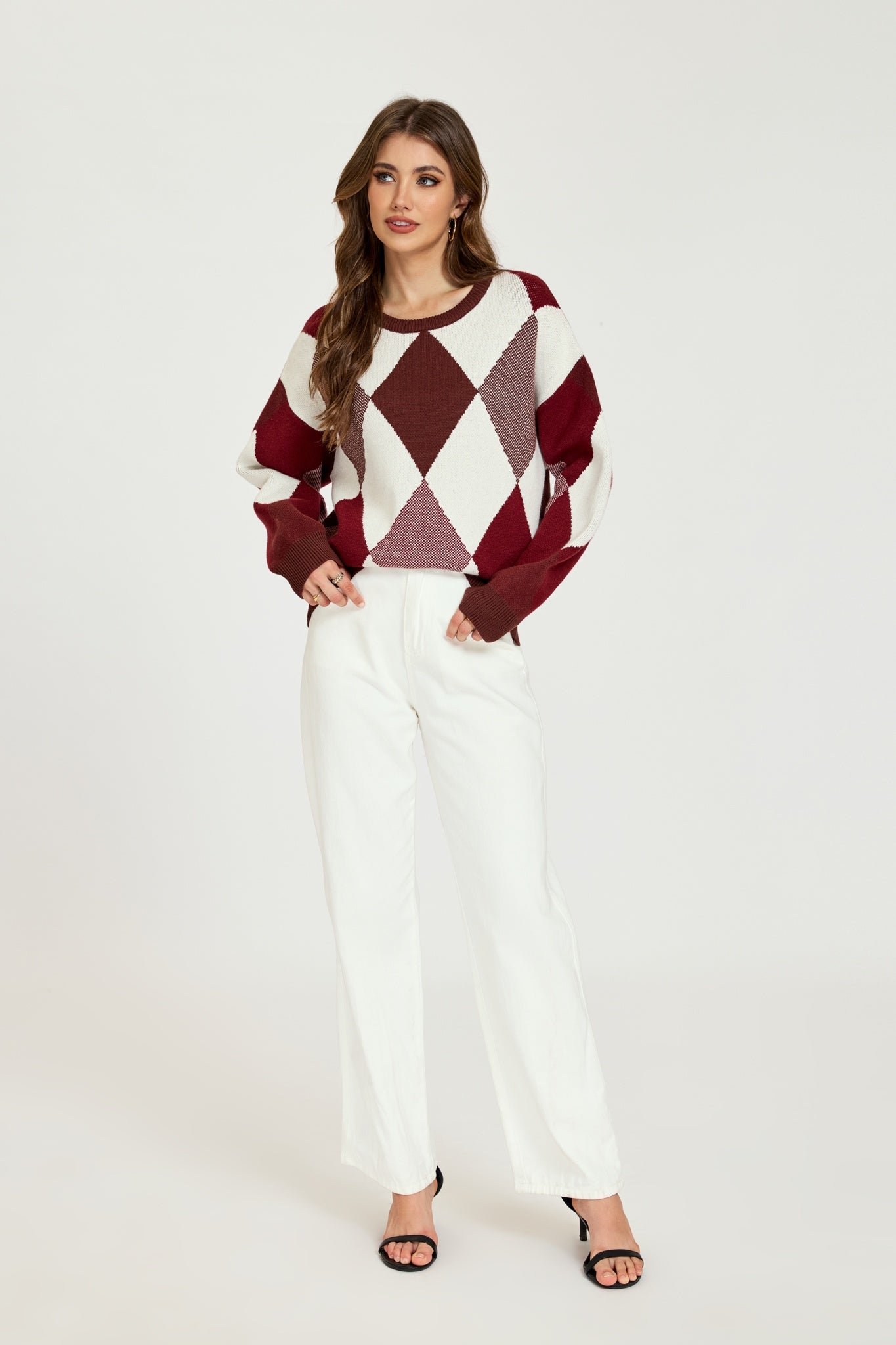 Ezabutus Vintage Argyle Knit Sweater – Casual Loose Pullover Jumper
