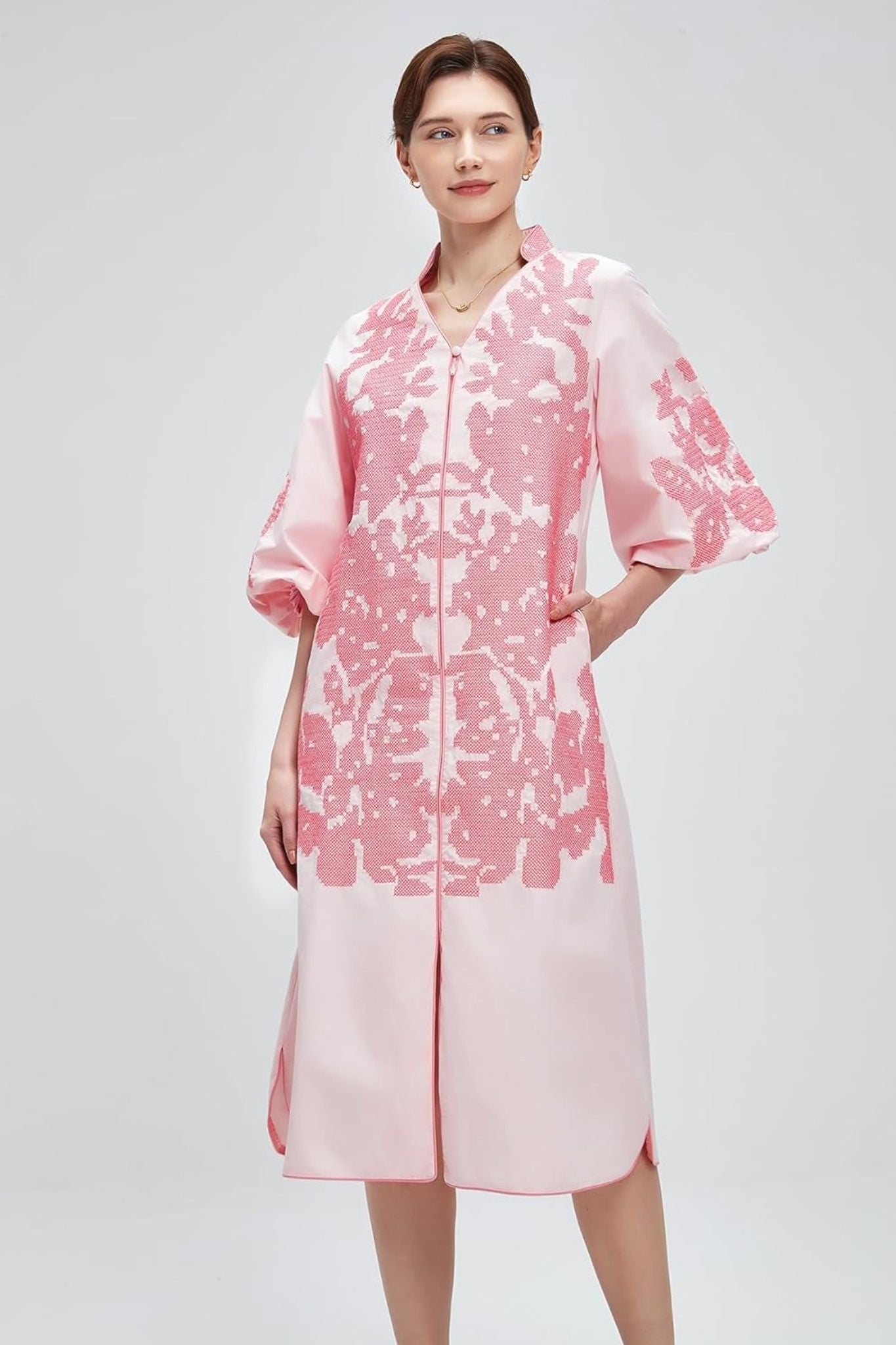 Dsun Boho Embroidered V-Neck Midi Dress With Puff Sleeves & Zipper Front