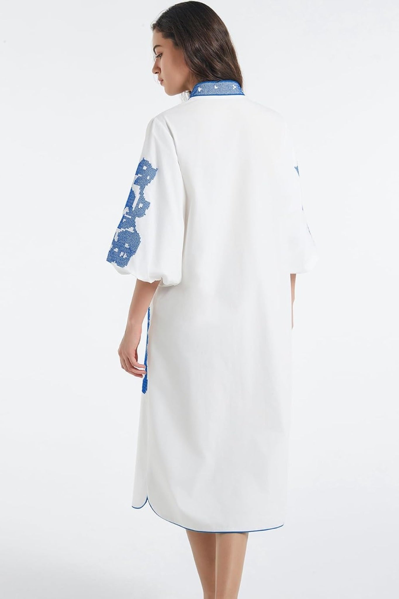 Dsun Boho Embroidered V-Neck Midi Dress With Puff Sleeves & Zipper Front