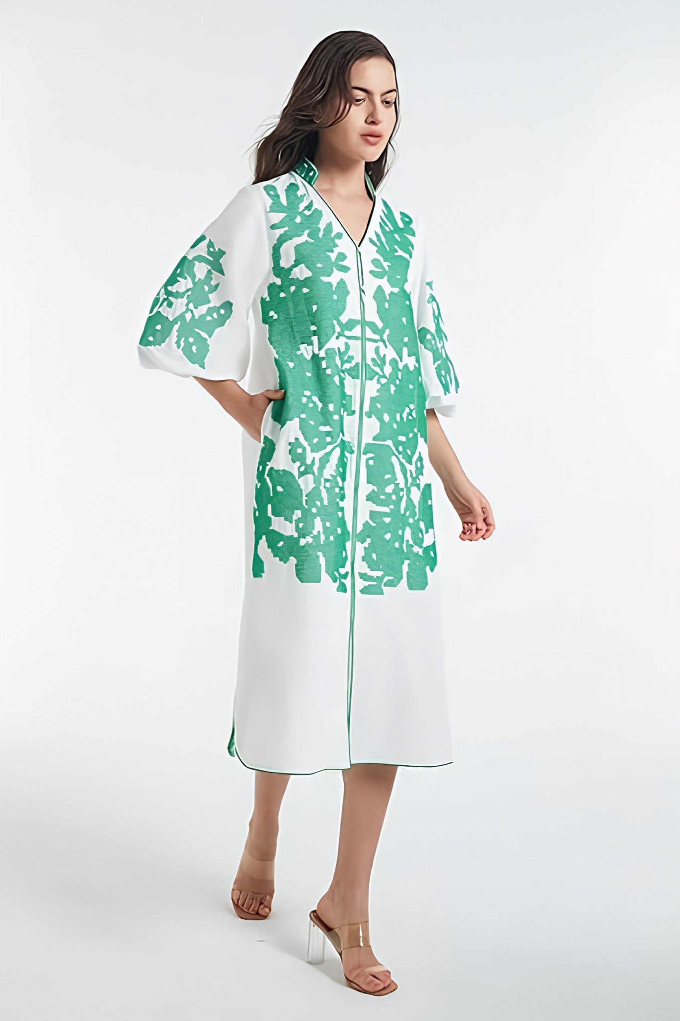 Dsun Boho Embroidered V-Neck Midi Dress With Puff Sleeves & Zipper Front