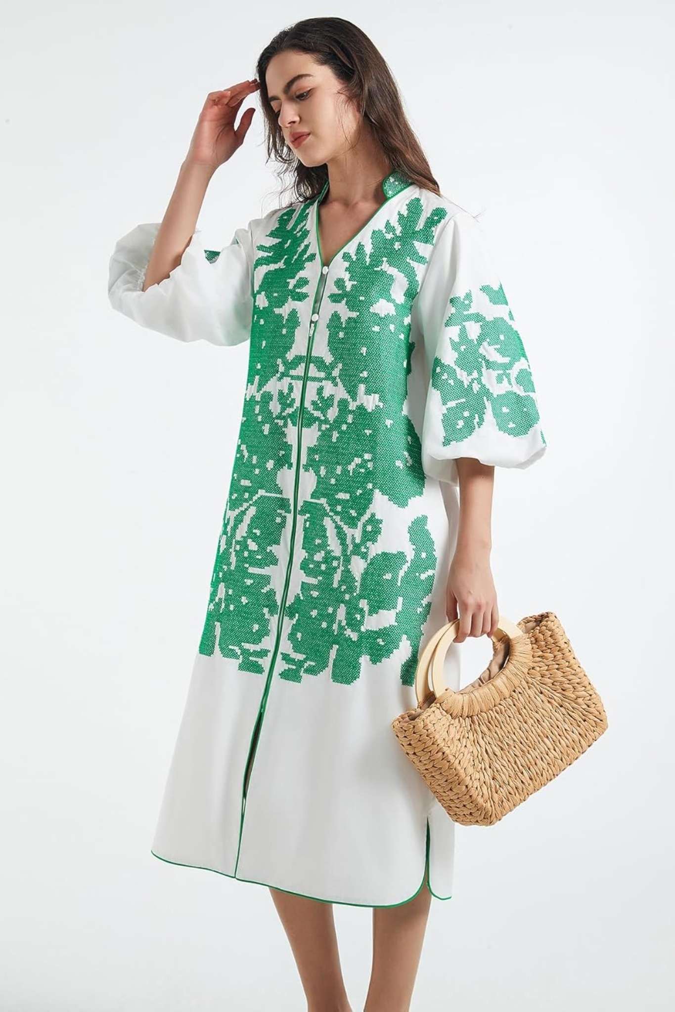 Dsun Boho Embroidered V-Neck Midi Dress With Puff Sleeves & Zipper Front