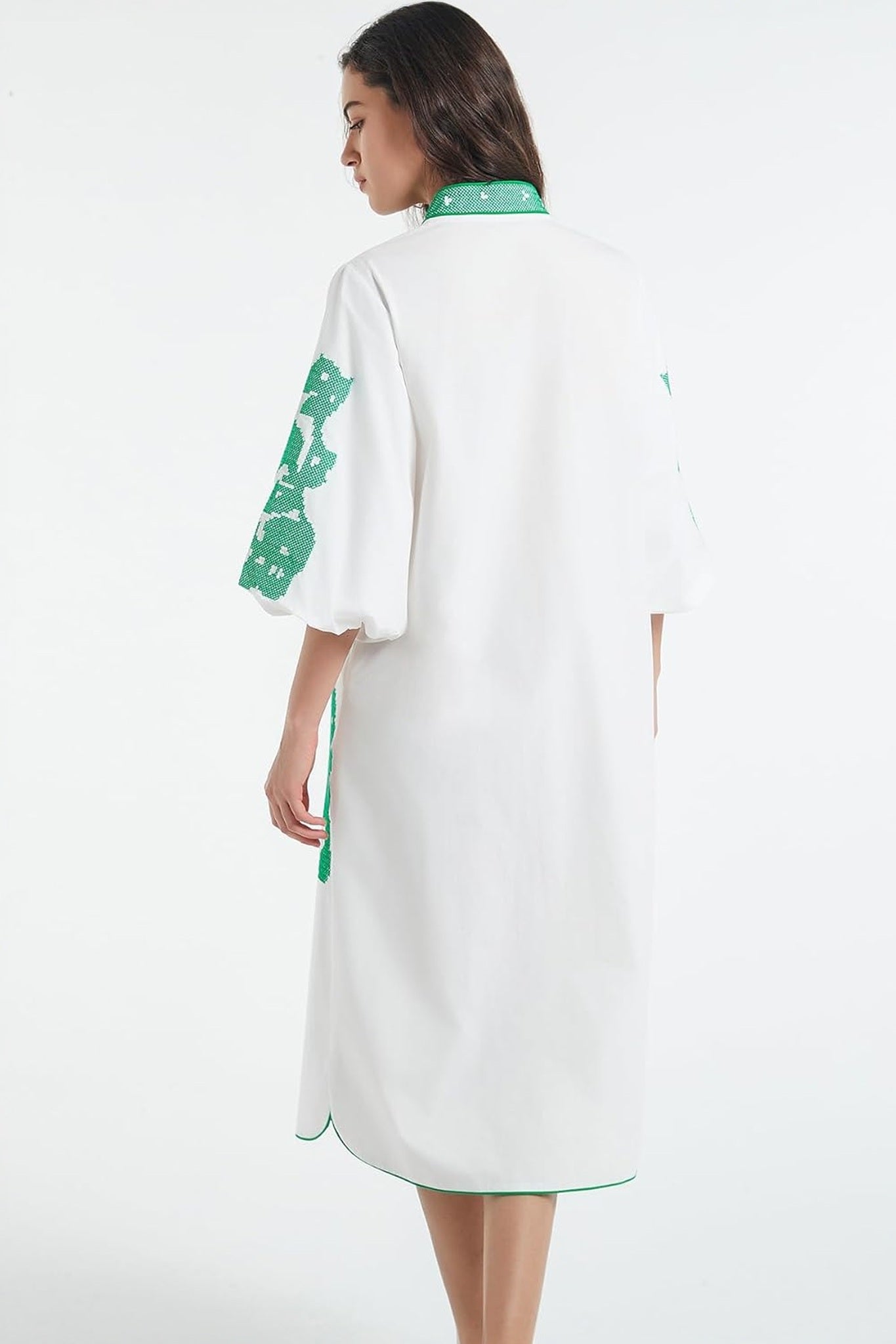 Dsun Boho Embroidered V-Neck Midi Dress With Puff Sleeves & Zipper Front