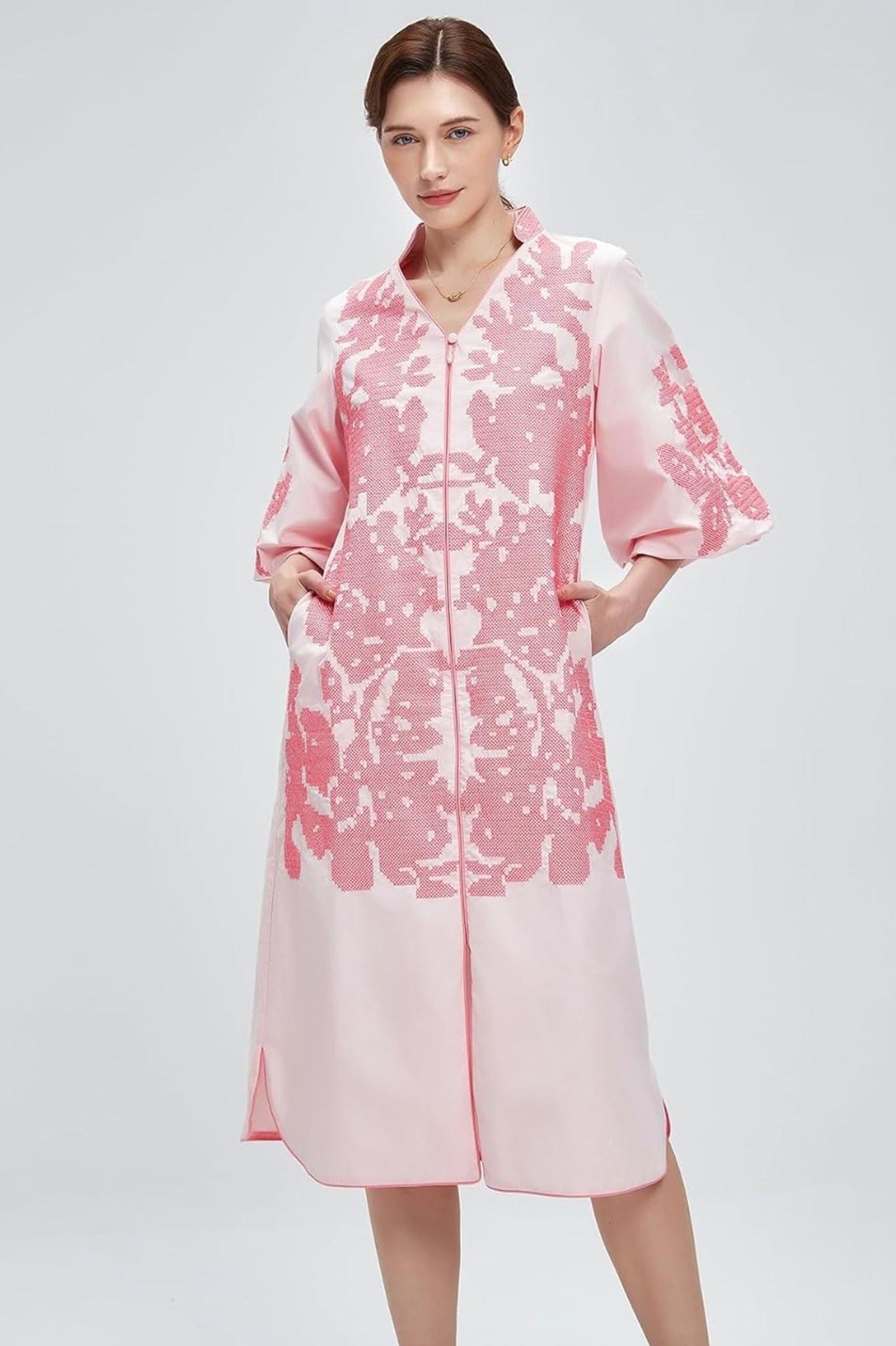 Dsun Boho Embroidered V-Neck Midi Dress With Puff Sleeves & Zipper Front