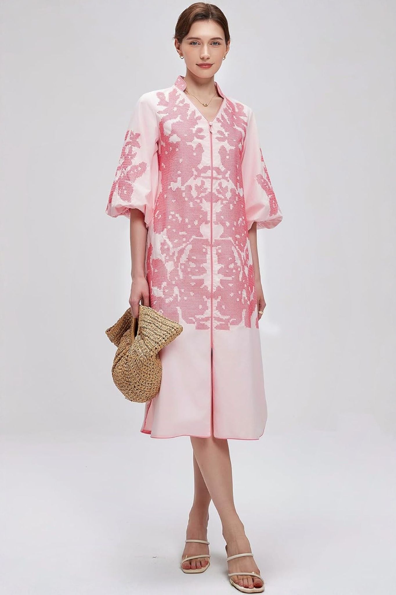 Dsun Boho Embroidered V-Neck Midi Dress With Puff Sleeves & Zipper Front