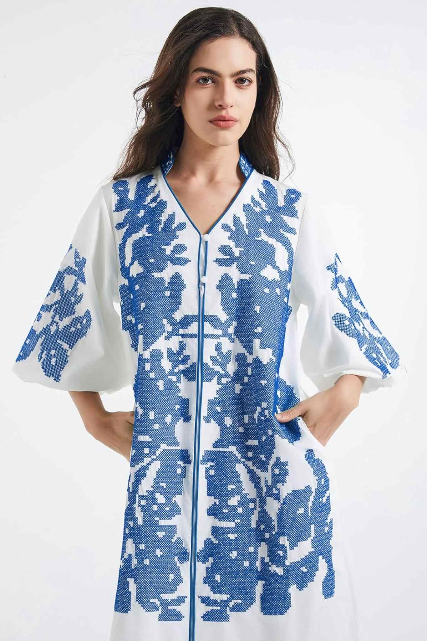 Dsun Boho Embroidered V-Neck Midi Dress With Puff Sleeves & Zipper Front