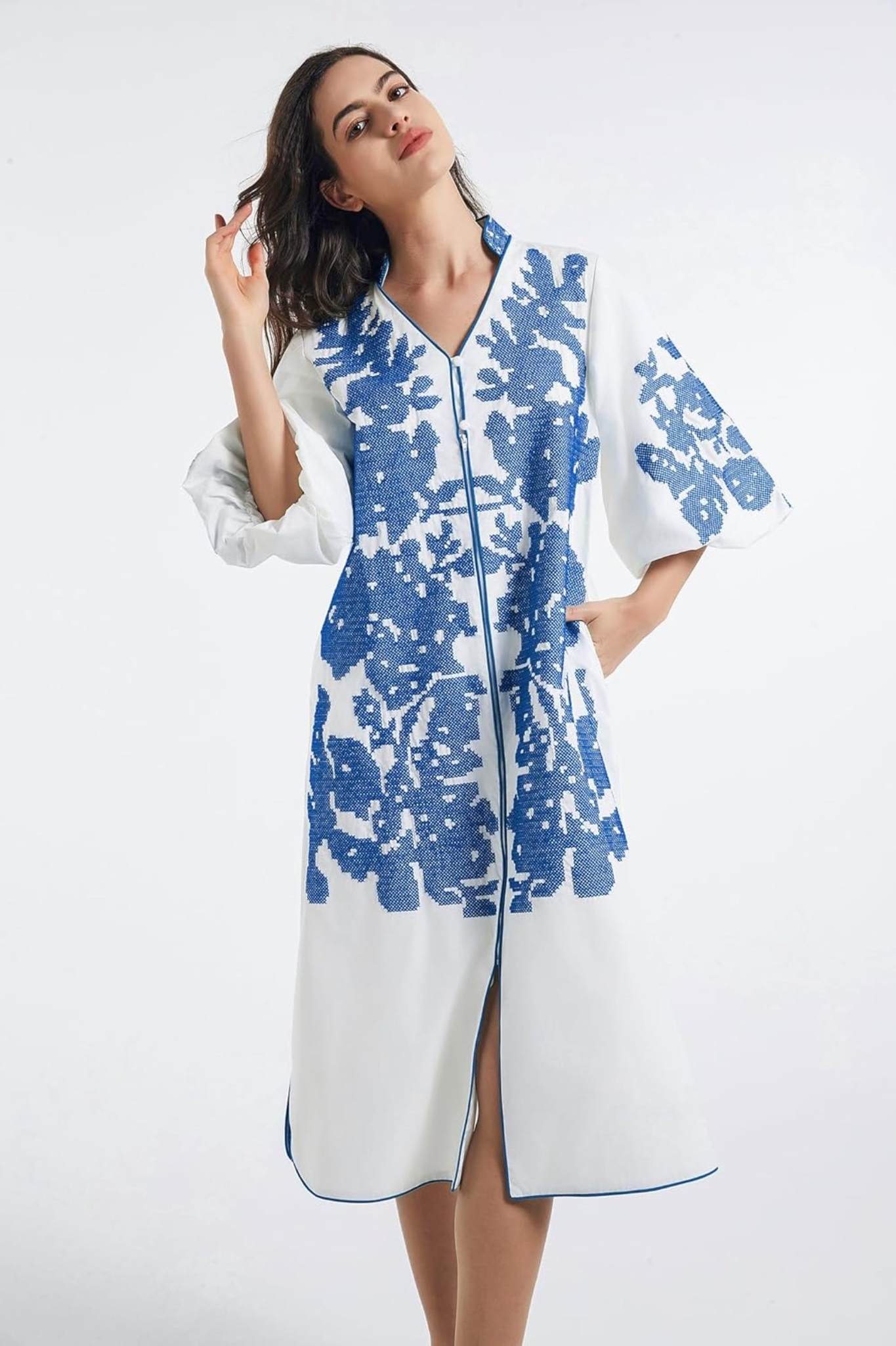 Dsun Boho Embroidered V-Neck Midi Dress With Puff Sleeves & Zipper Front