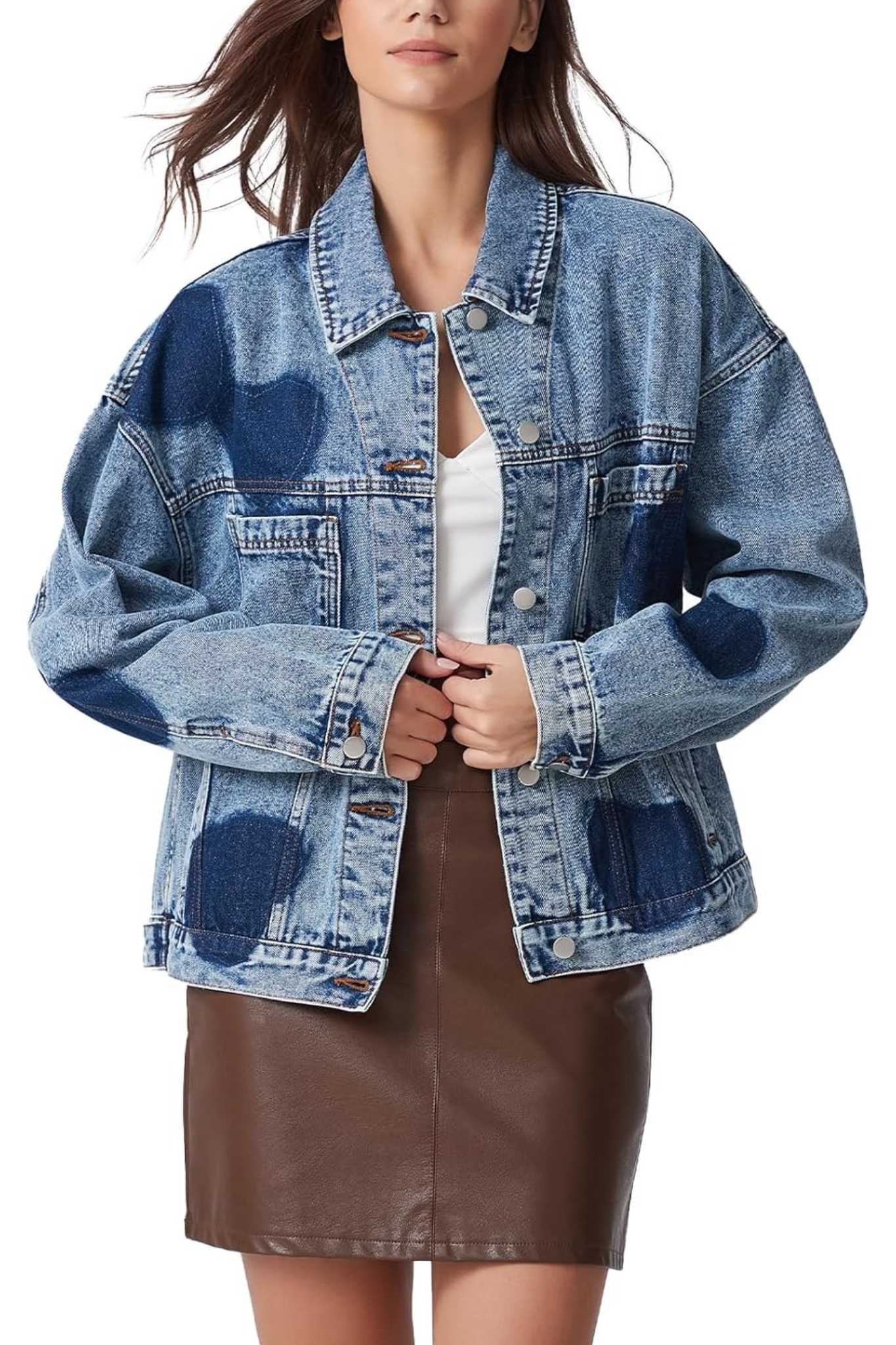 Dsun Vintage Oversized Printed Boyfriend Denim Trucker Jacket | Leopard, Star & Heart Patterns