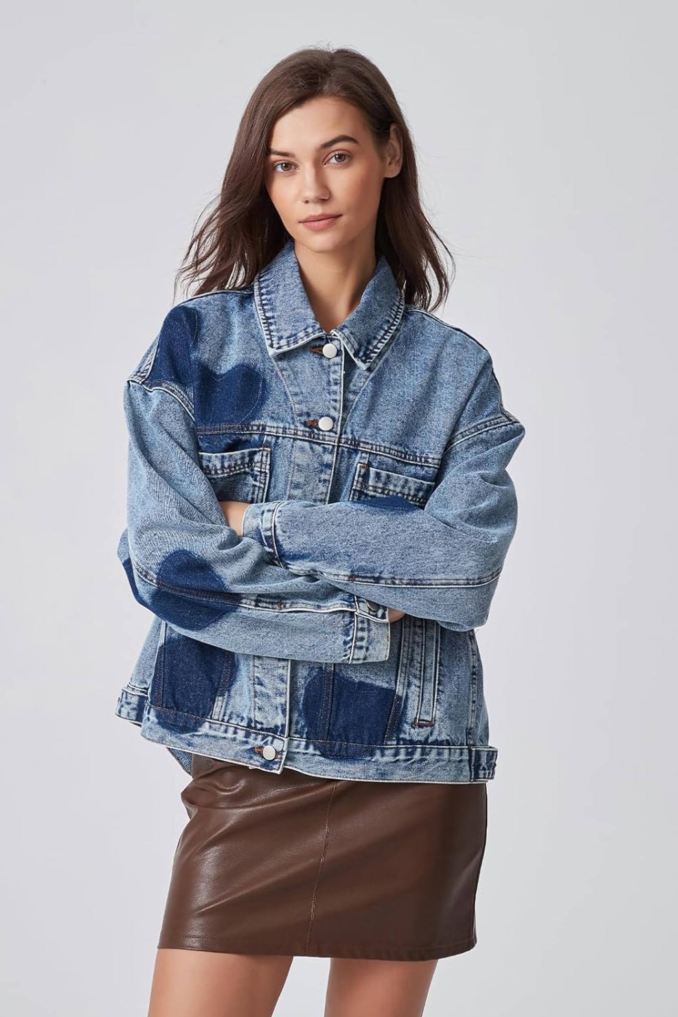 Dsun Vintage Oversized Printed Boyfriend Denim Trucker Jacket | Leopard, Star & Heart Patterns