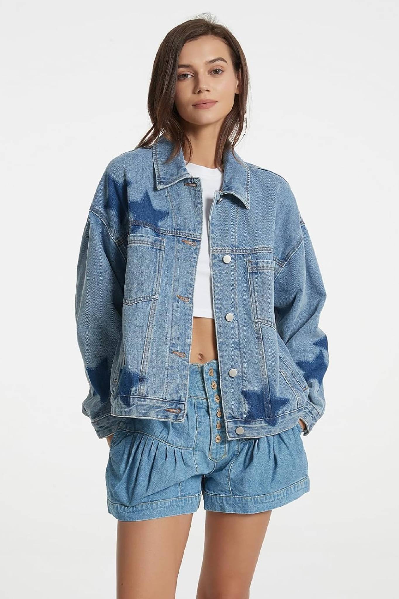 Dsun Vintage Oversized Printed Boyfriend Denim Trucker Jacket | Leopard, Star & Heart Patterns