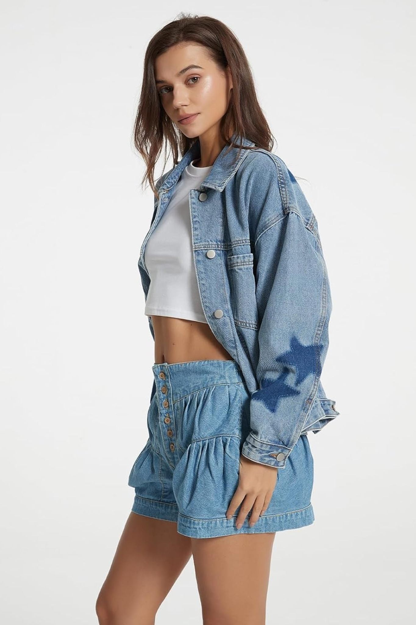 Dsun Vintage Oversized Printed Boyfriend Denim Trucker Jacket | Leopard, Star & Heart Patterns