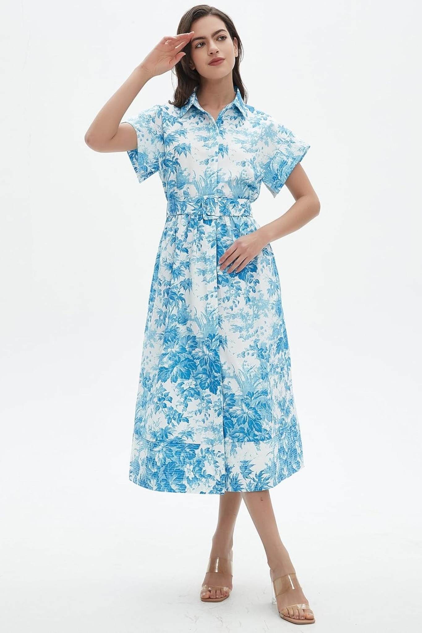 Dsun Vintage Floral Print Belted Midi Shirt Dress With Pockets
