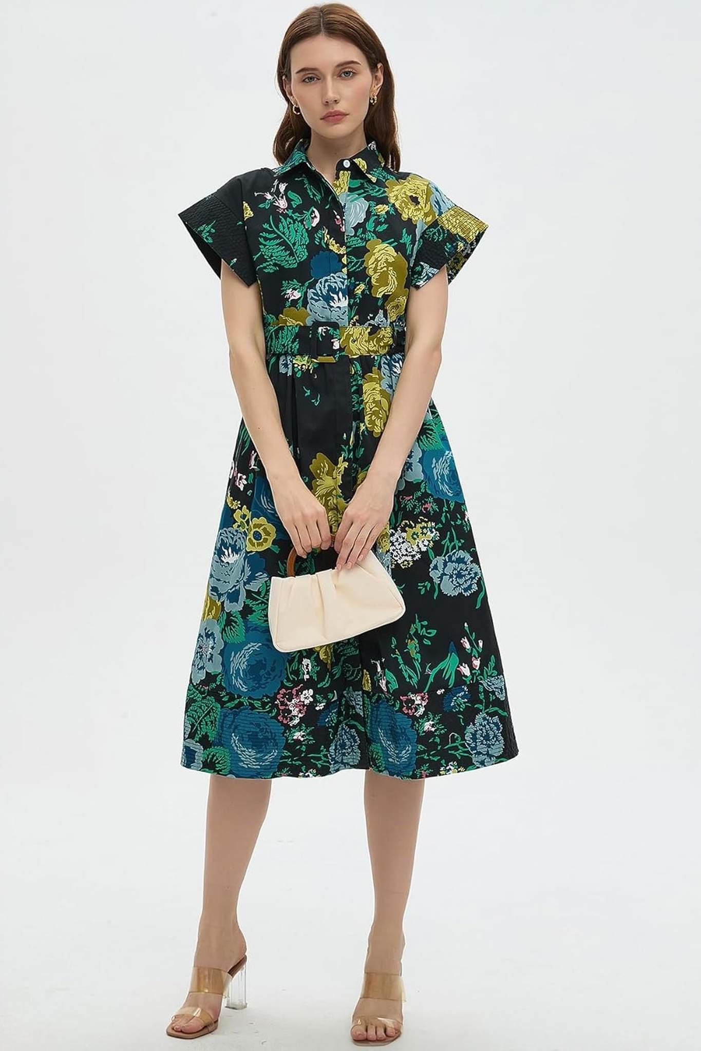 Dsun Vintage Floral Print Belted Midi Shirt Dress With Pockets