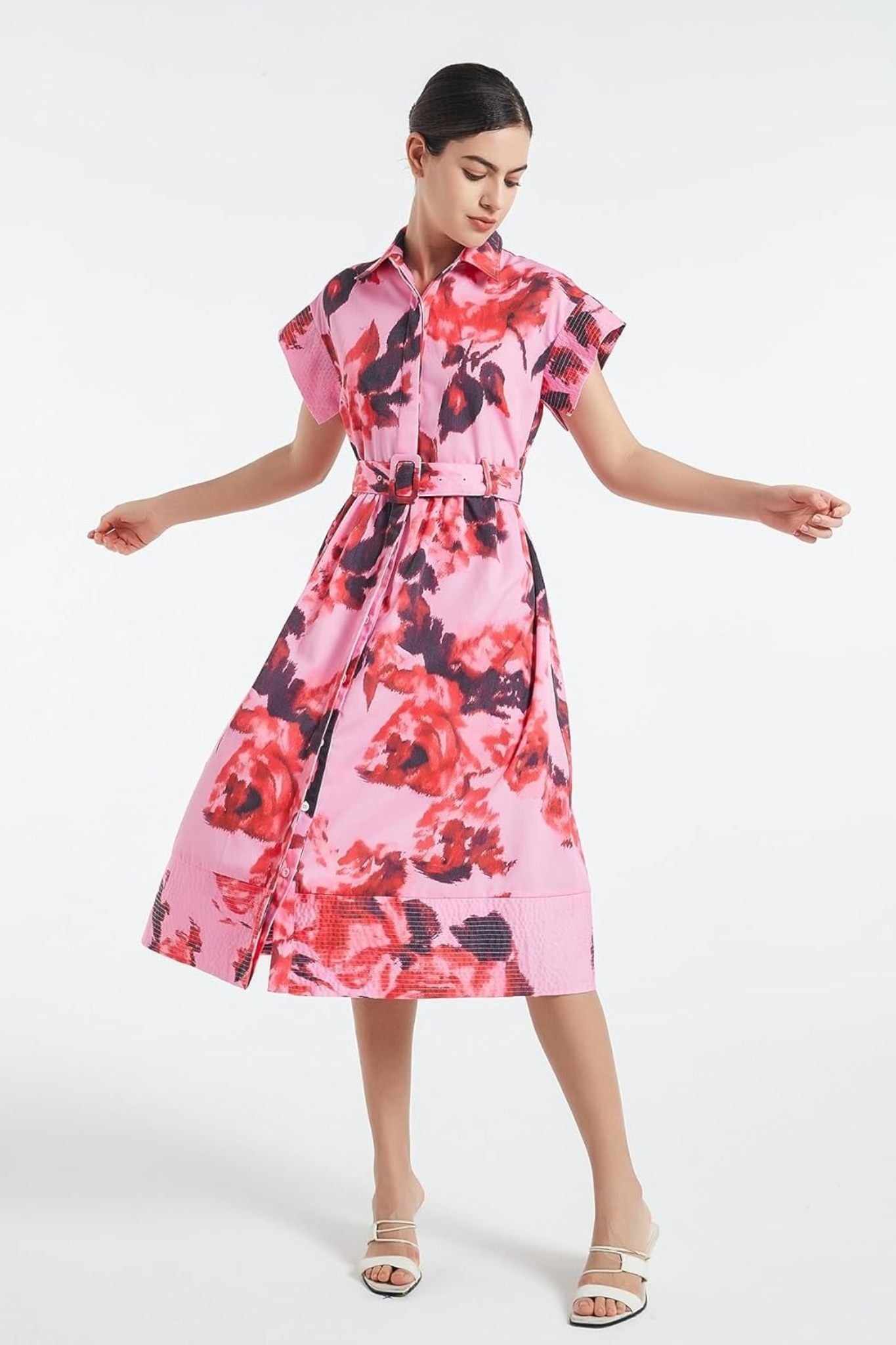 Dsun Vintage Floral Print Belted Midi Shirt Dress With Pockets