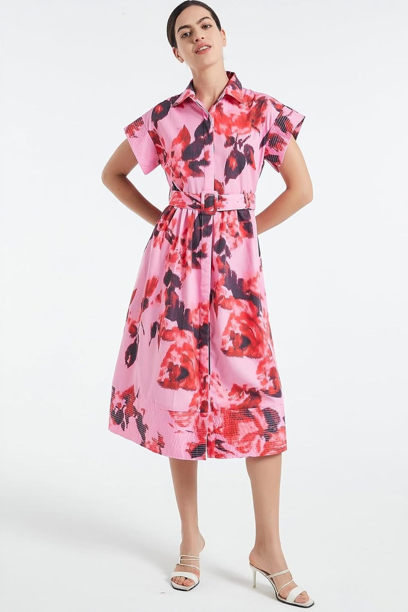 Dsun Vintage Floral Print Belted Midi Shirt Dress With Pockets