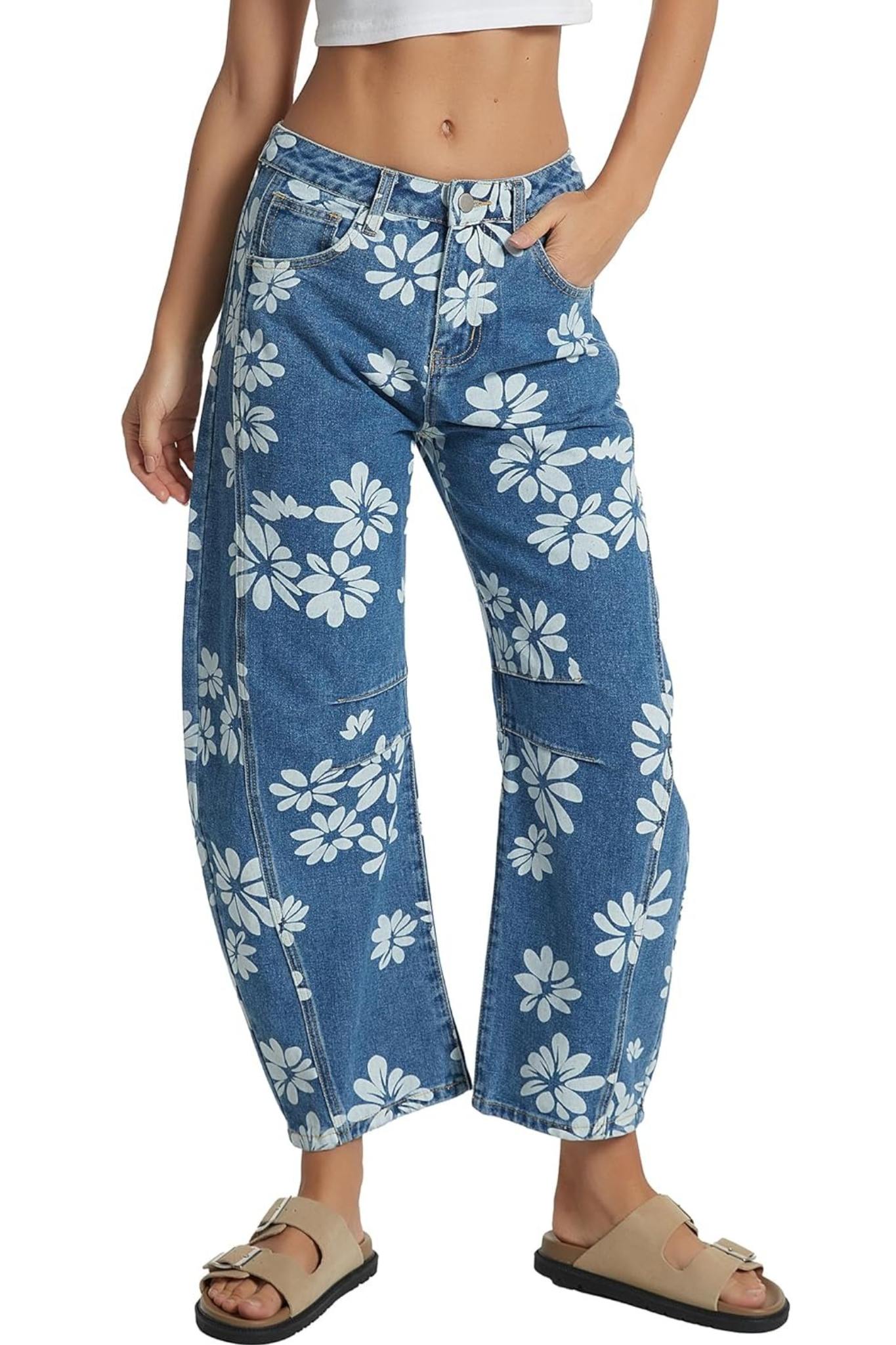 Dsun Vintage Blue Floral Print Barrel Leg Jeans | Retro Wide Leg Denim
