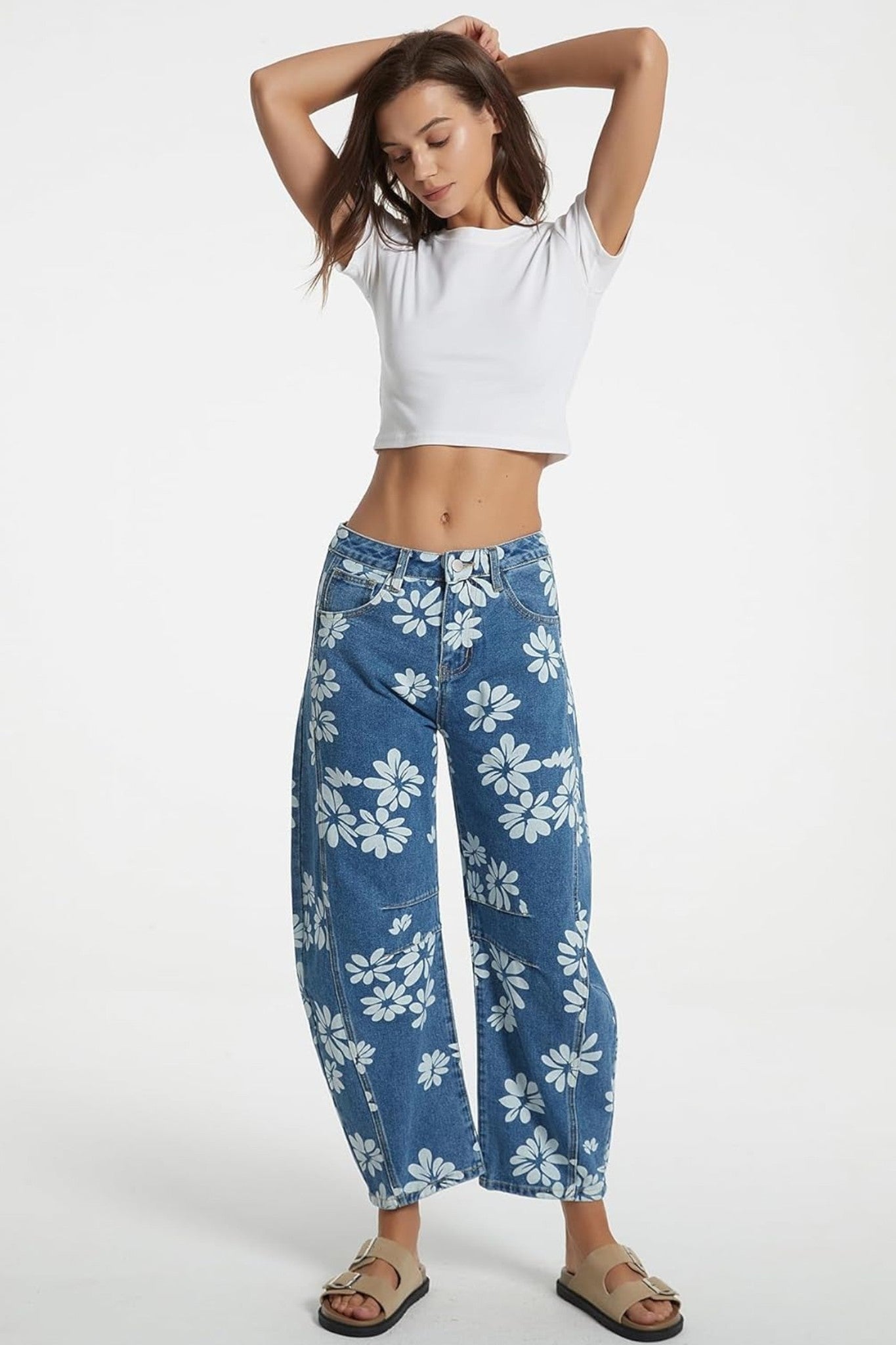 Dsun Vintage Blue Floral Print Barrel Leg Jeans | Retro Wide Leg Denim