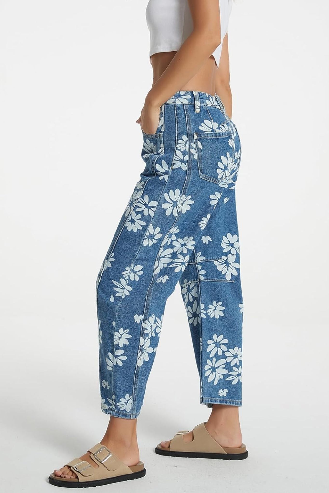 Dsun Vintage Blue Floral Print Barrel Leg Jeans | Retro Wide Leg Denim