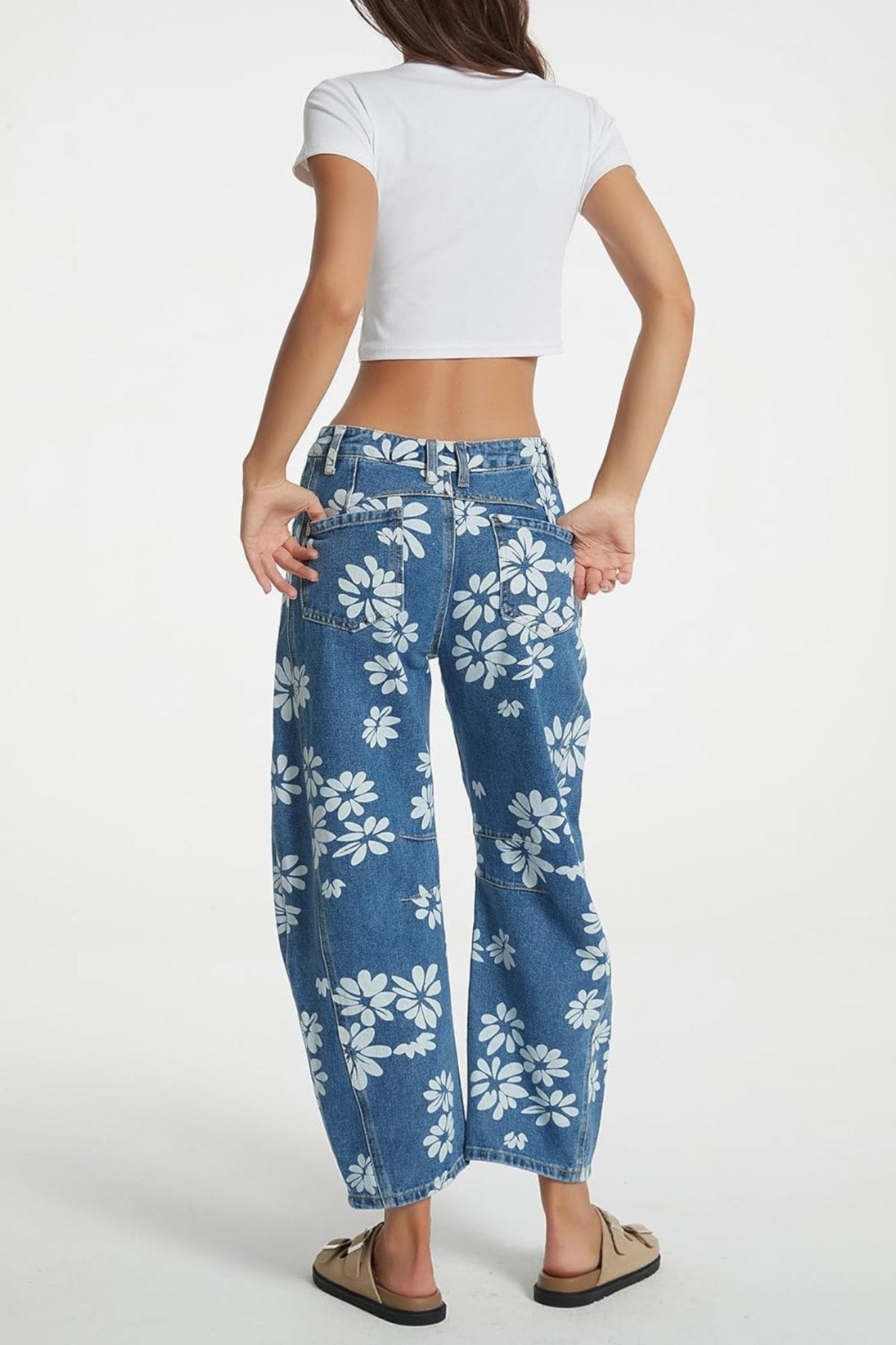 Dsun Vintage Blue Floral Print Barrel Leg Jeans | Retro Wide Leg Denim