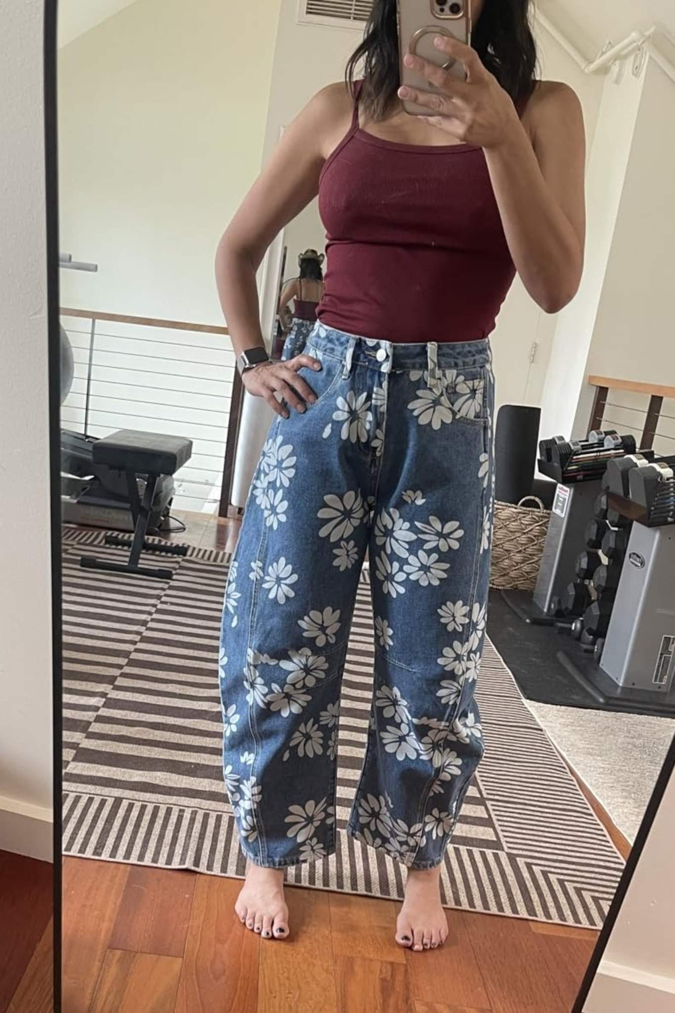 Dsun Vintage Blue Floral Print Barrel Leg Jeans | Retro Wide Leg Denim