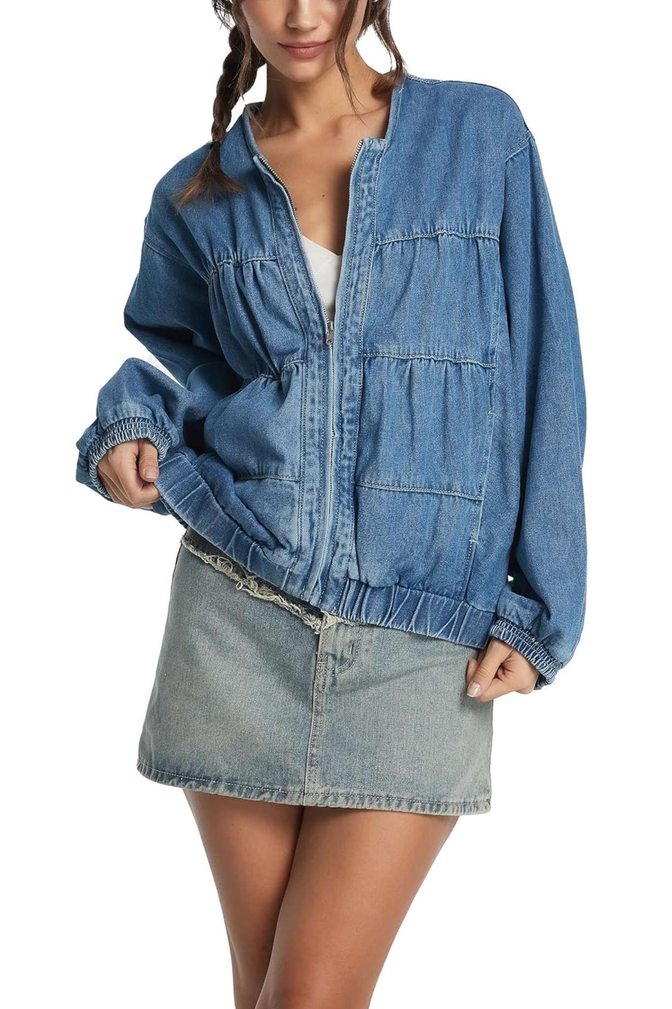Dsun Casual Crewneck Zip Up Denim Bomber Jacket | Relaxed Fit Tiered Jean Coat