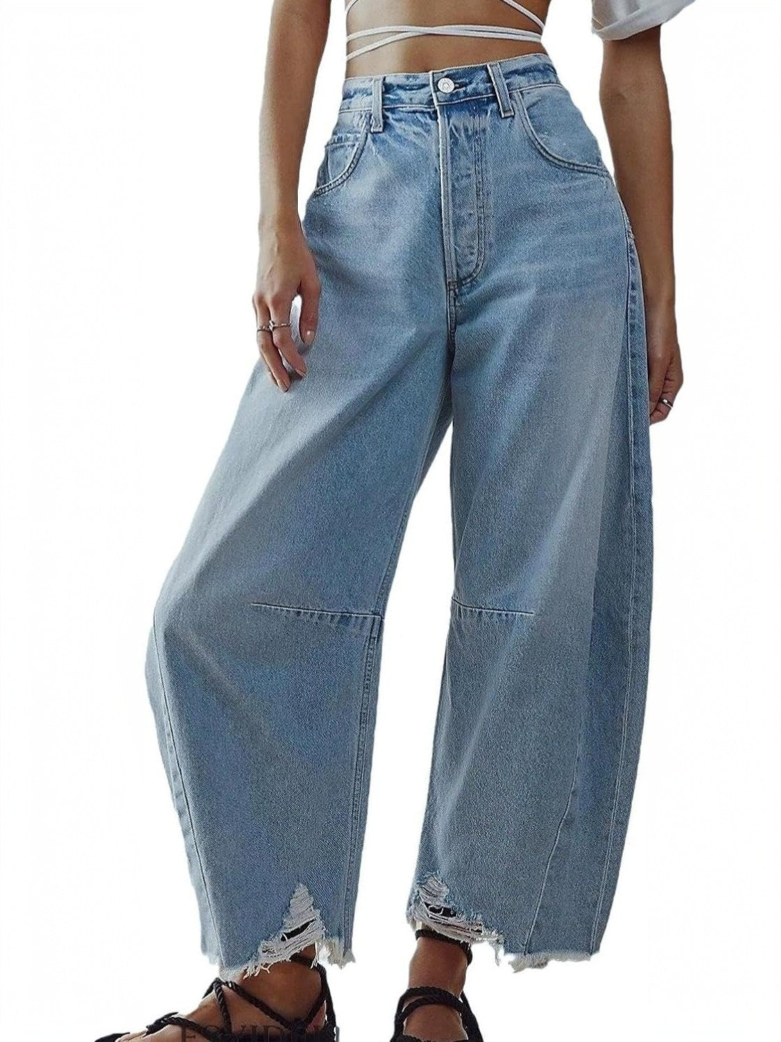 Lifeshe Mid Rise Baggy Boyfriend Barrel Jeans With Raw Hem