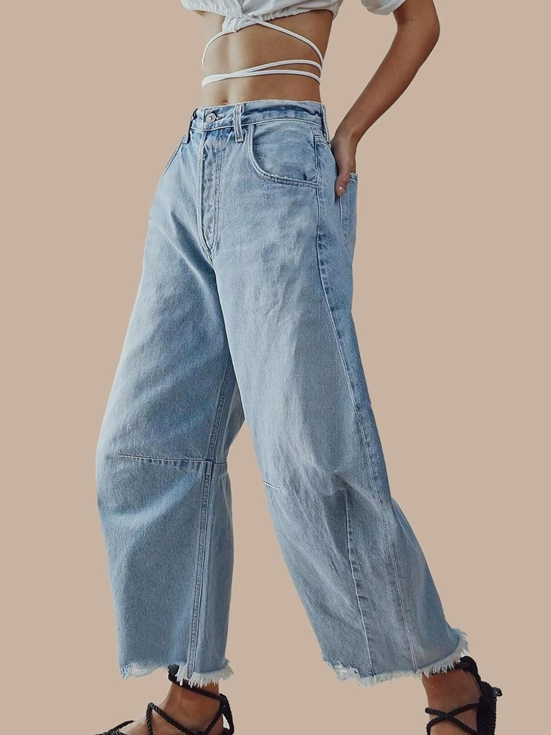 Lifeshe Mid Rise Baggy Boyfriend Barrel Jeans With Raw Hem