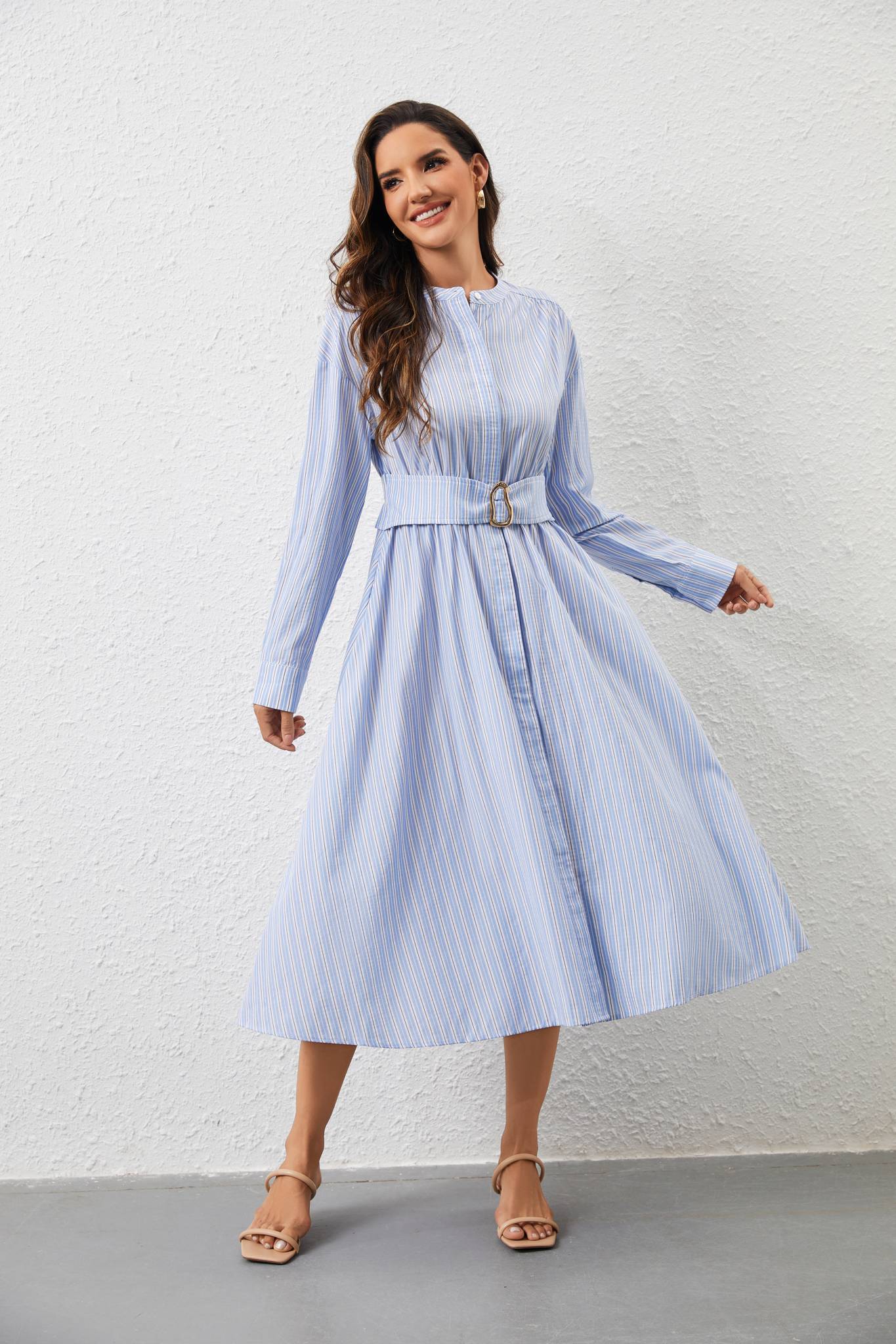 Ezabutus Elegant Striped Belted Round Collar Midi Shirt Dress