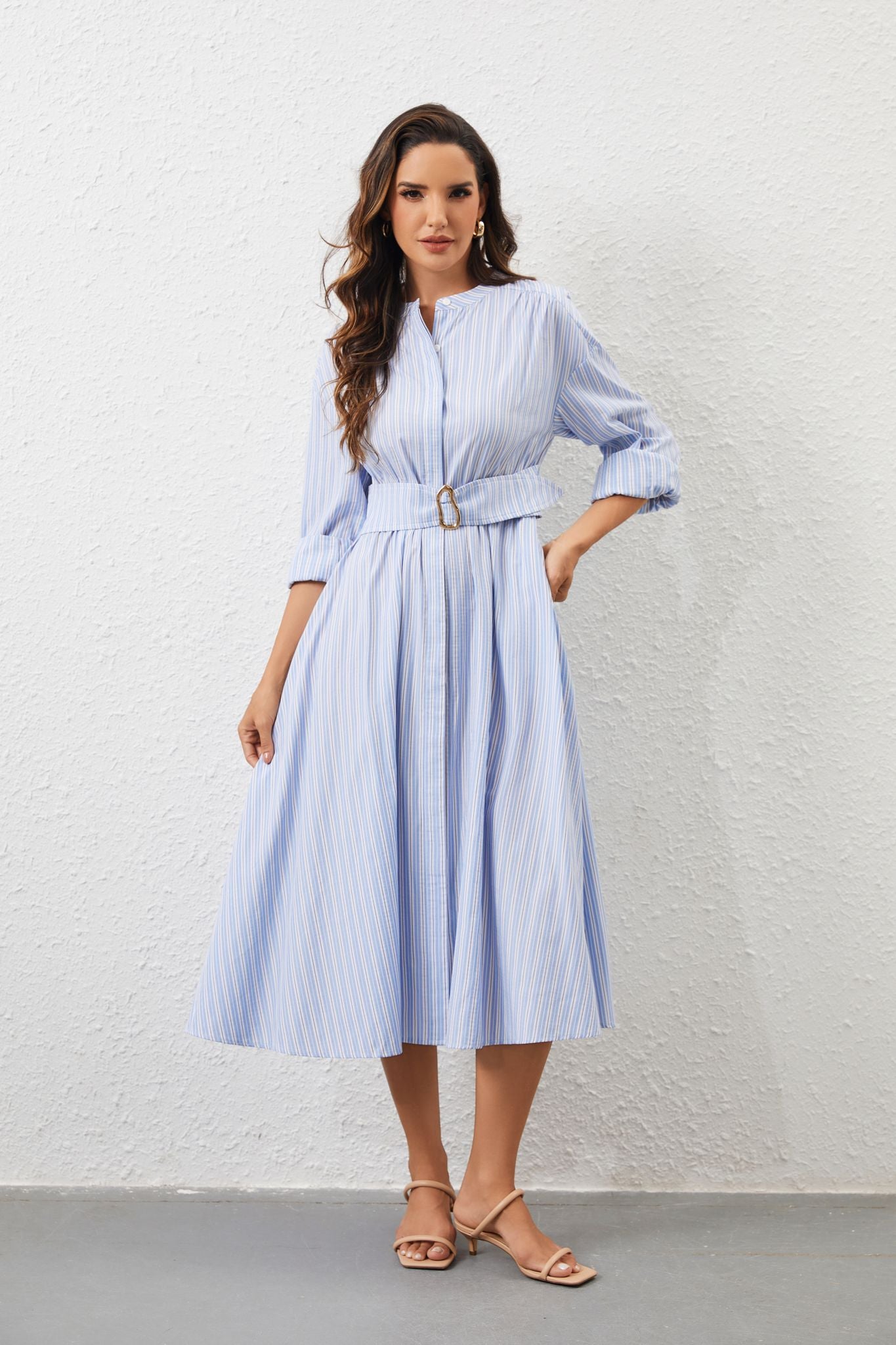 Ezabutus Elegant Striped Belted Round Collar Midi Shirt Dress