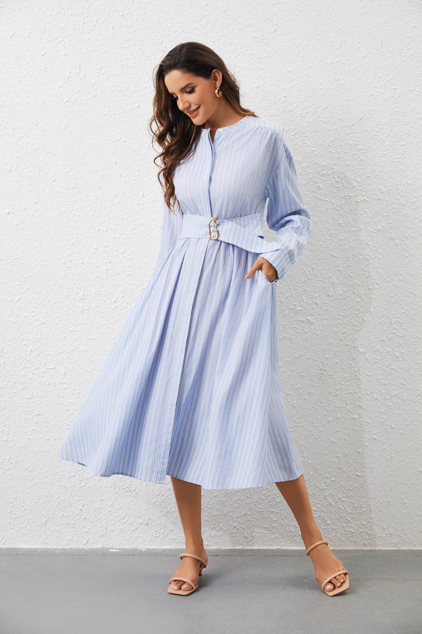 Ezabutus Elegant Striped Belted Round Collar Midi Shirt Dress