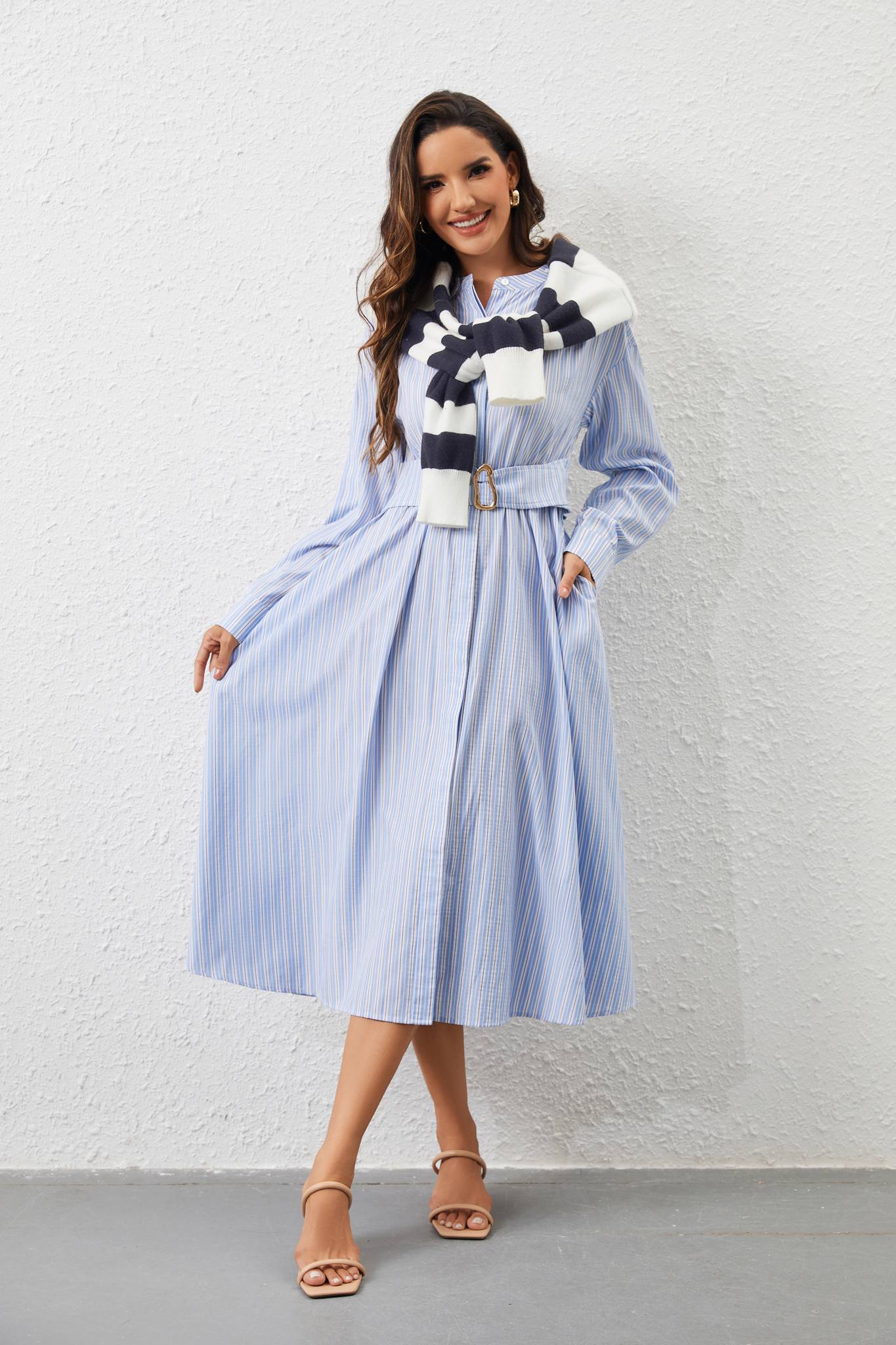 Ezabutus Elegant Striped Belted Round Collar Midi Shirt Dress